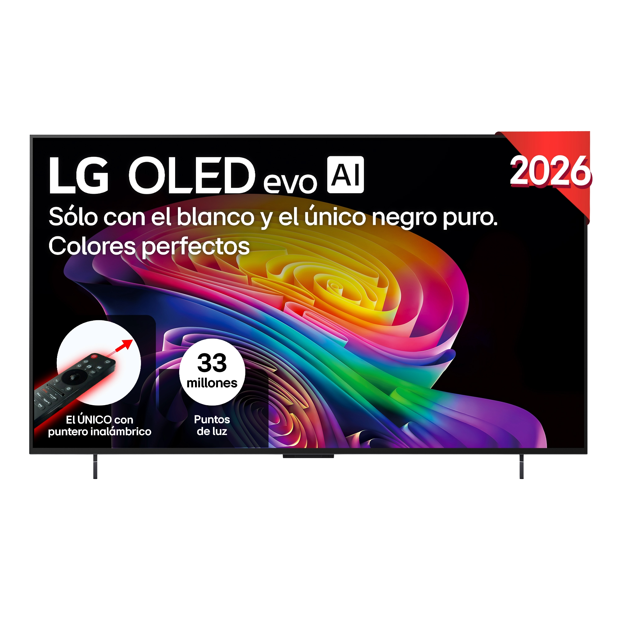 TV LG OLED evo AI con colores vivos, mando y etiqueta '2026'.