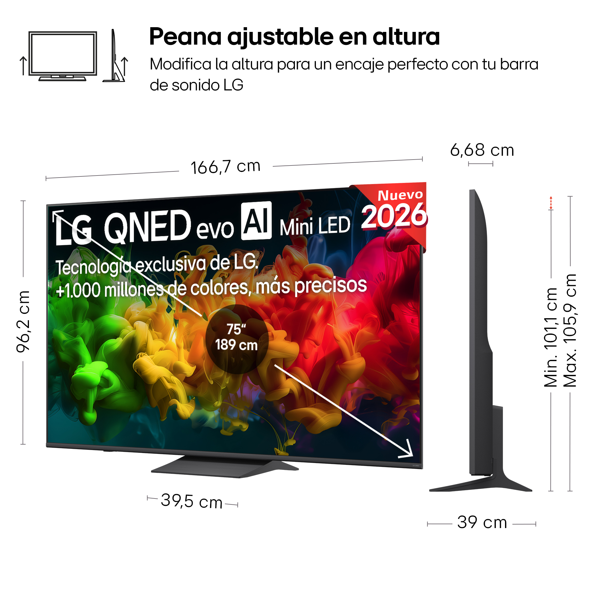 TV LG QNED de 75 pulgadas con dimensiones y ajuste de altura. Colores abstractos.