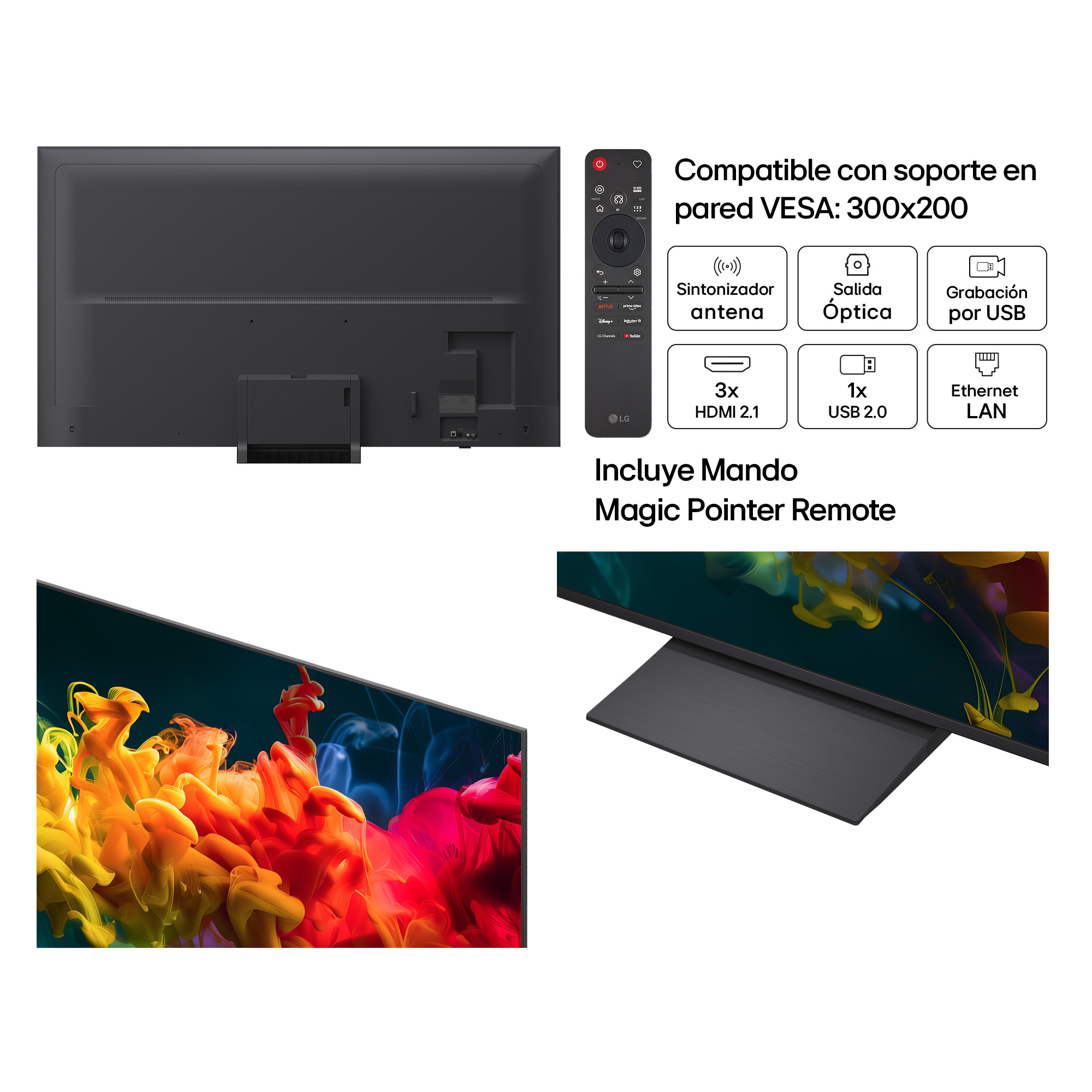 Parte trasera del televisor, mando, características: Montaje VESA, sintonizador, salida óptica, grabación USB, 3x HDMI 2.1, 1x USB 2.0, LAN.