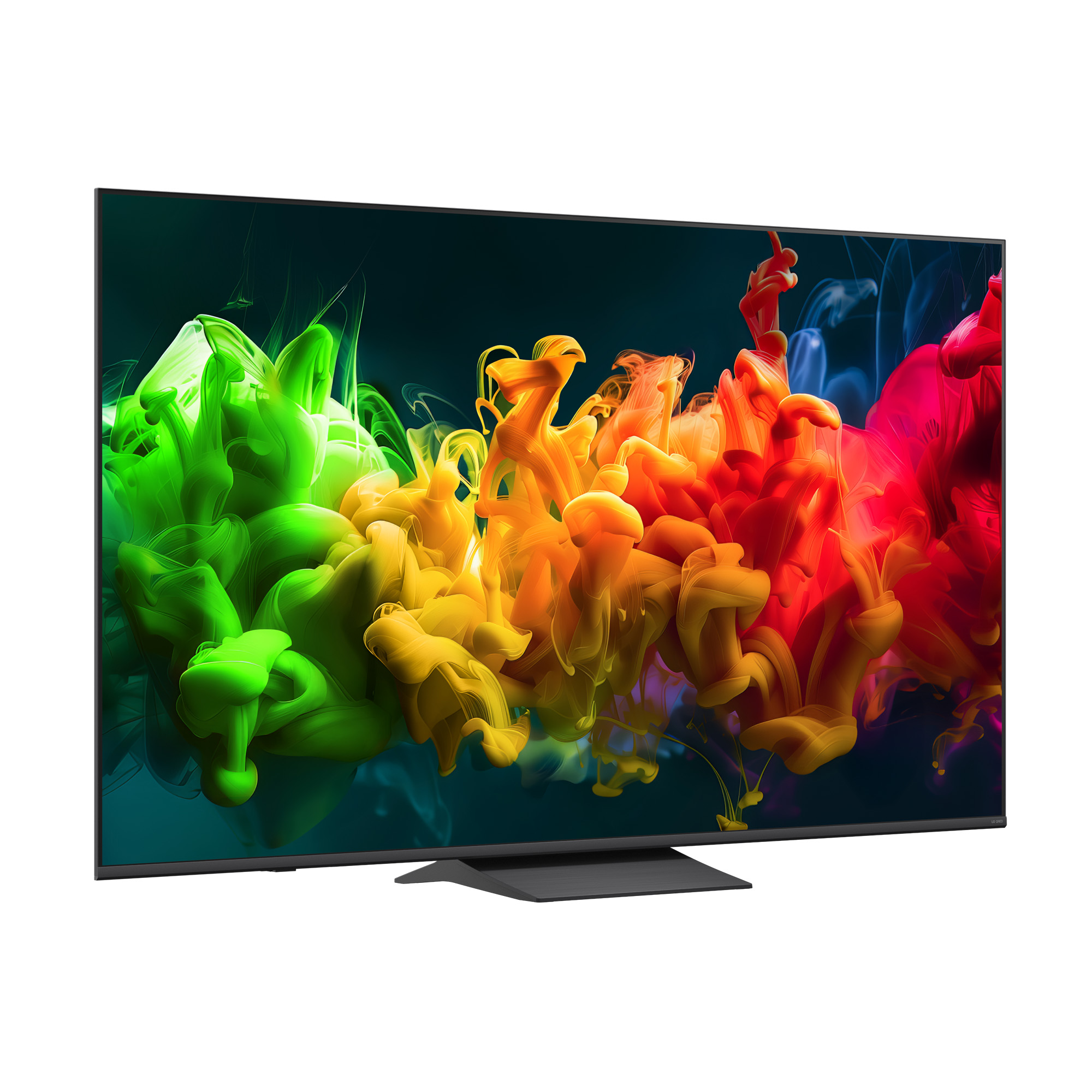 Un televisor moderno que muestra nubes de humo coloridas en una pantalla oscura.