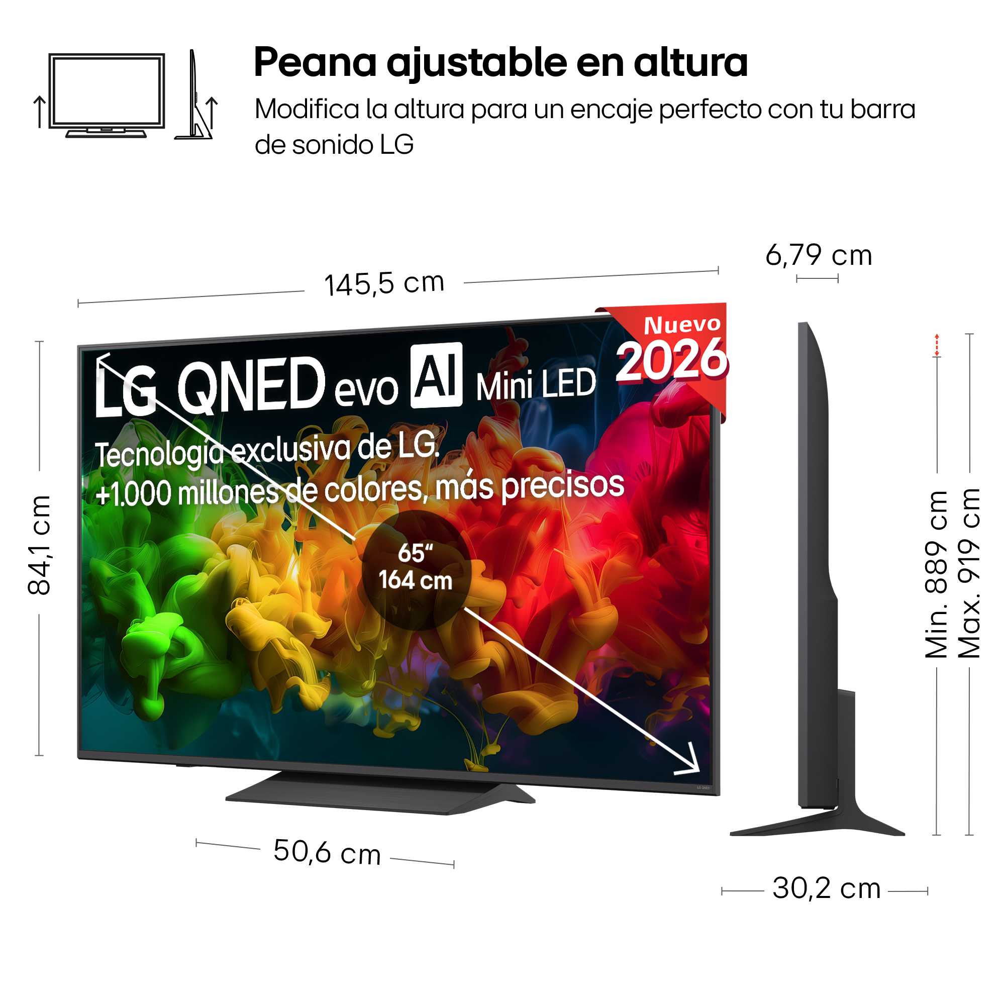TV LG QNED 65" con Mini LED, soporte ajustable y gráficos coloridos.