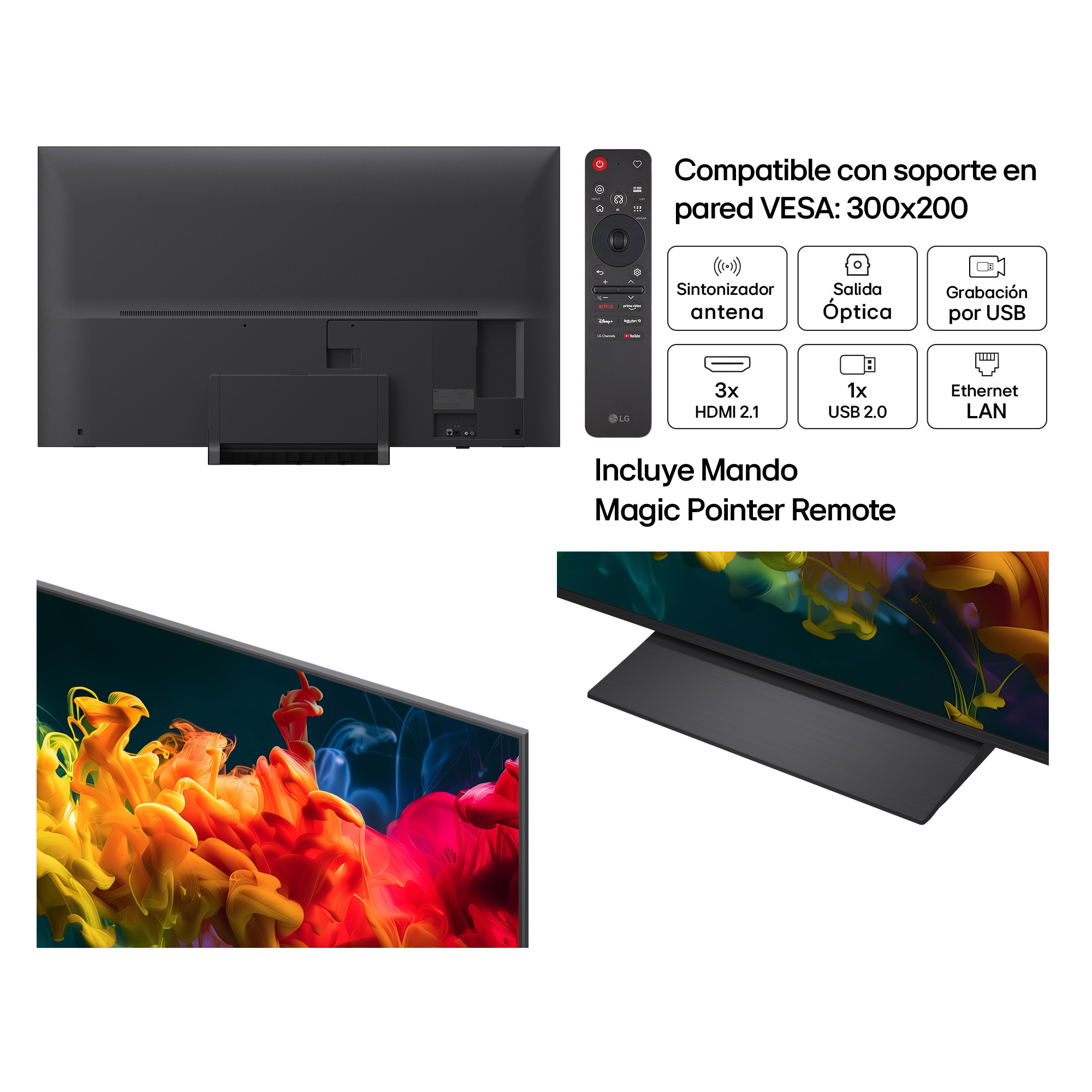Parte trasera del televisor con puertos y mando. Compatible con VESA. Humo colorido.