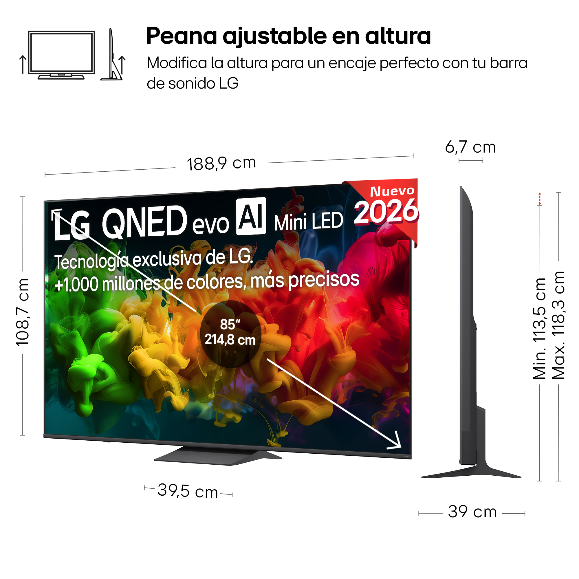 Se muestra un televisor LG QNED evo Mini LED de 85 pulgadas y 214,8 cm.