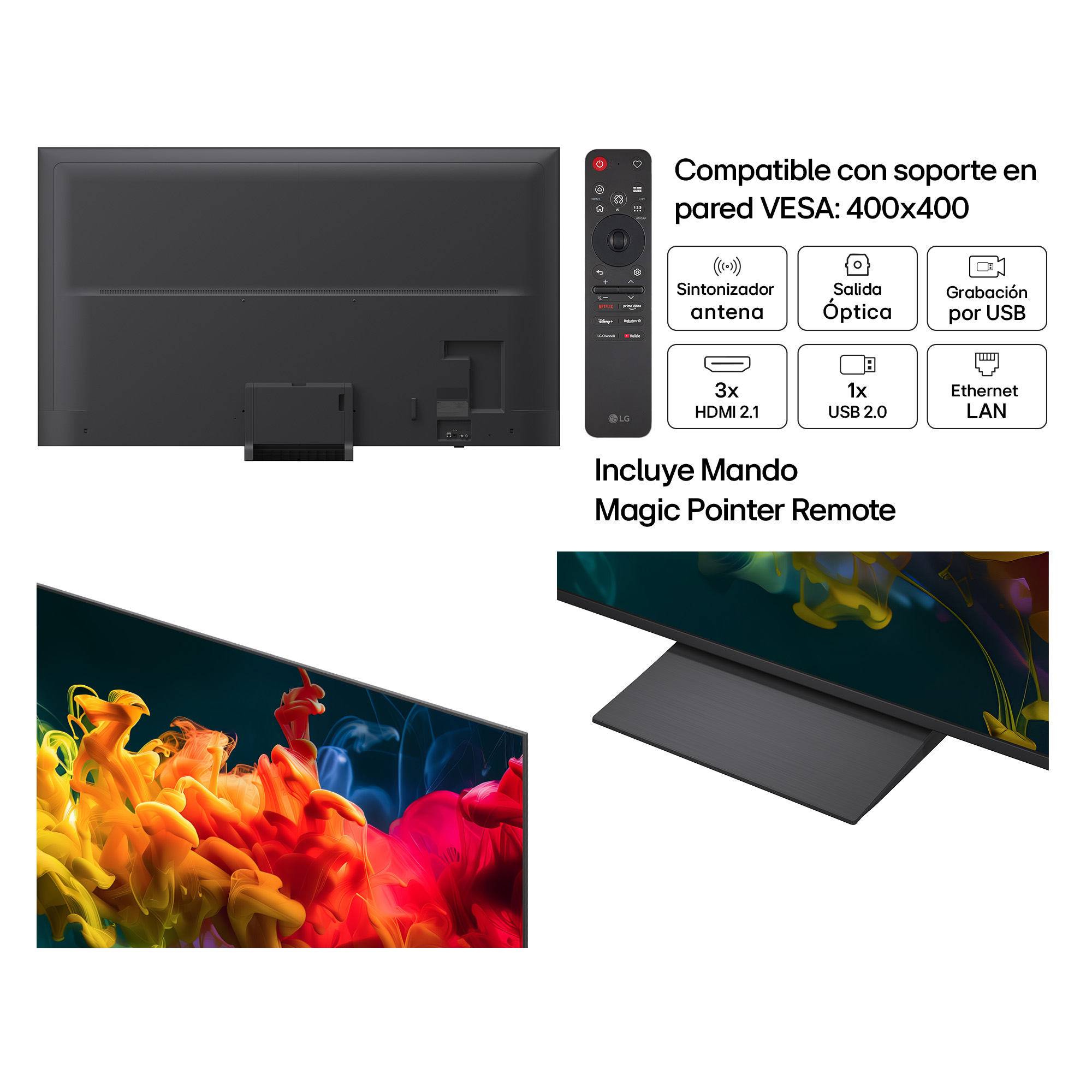 TV LG con mando, puertos y pantalla colorida.