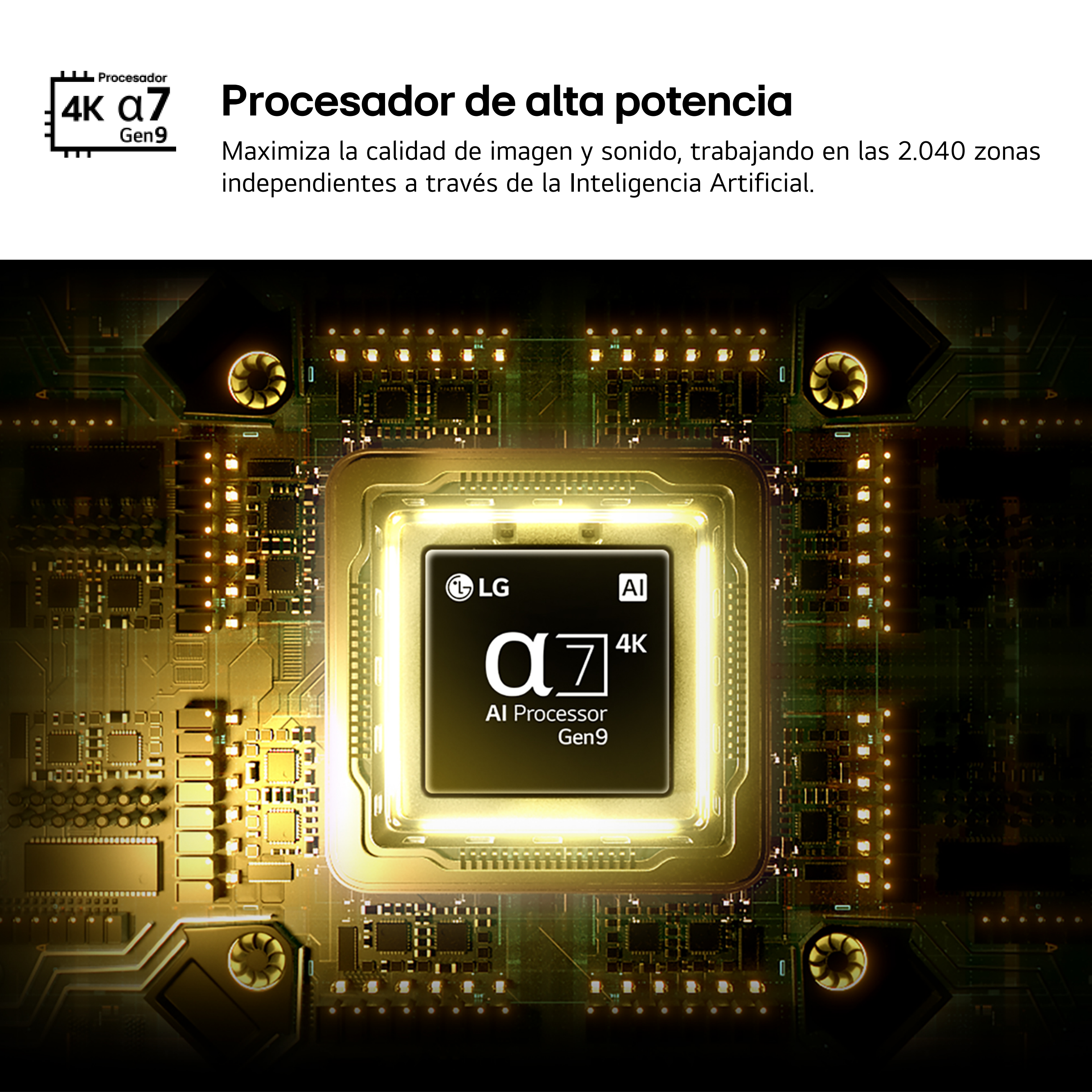 Un chip de procesador dorado brillante con etiqueta LG y Alpha 7 4K AI.