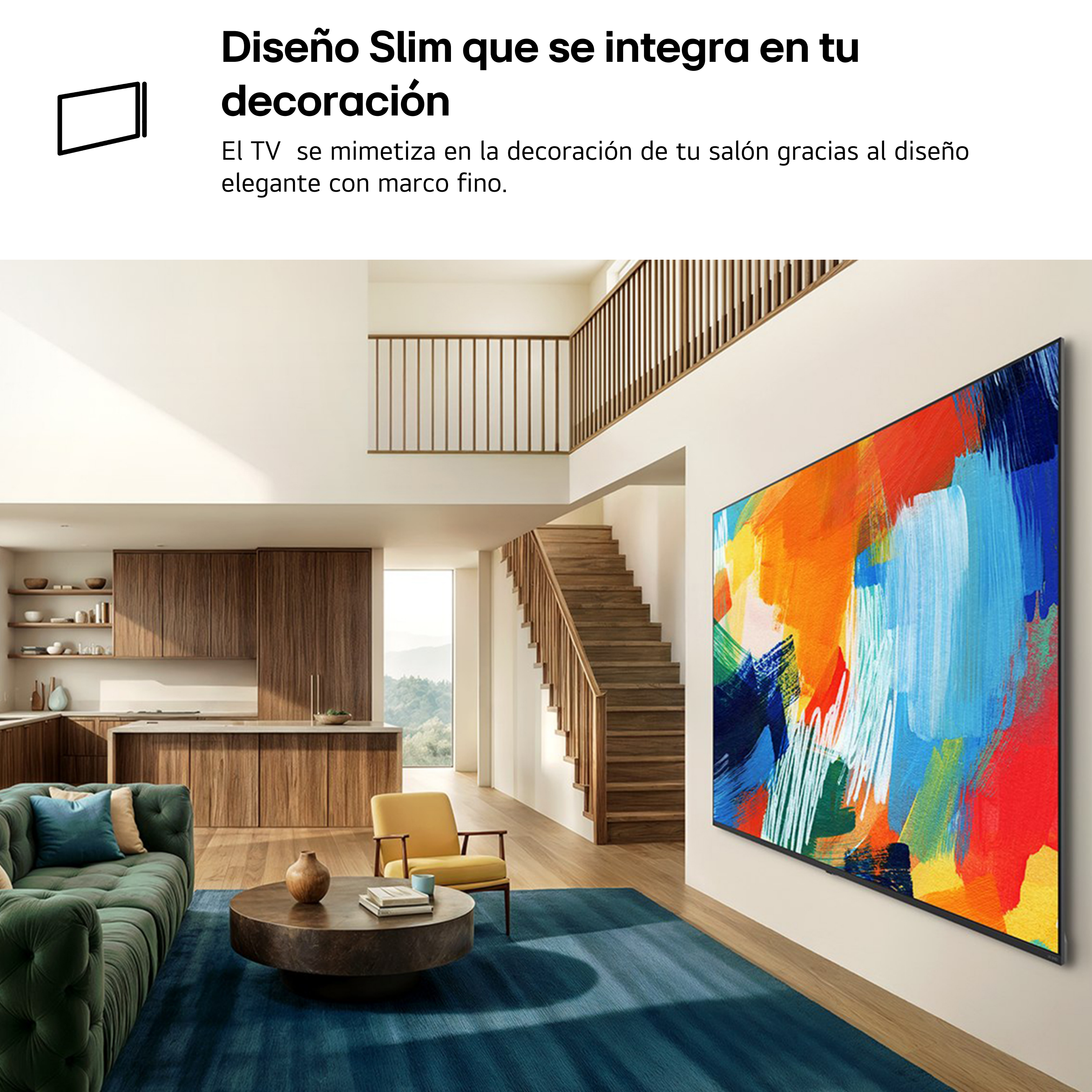 Una sala de estar moderna con un gran televisor que muestra arte abstracto.