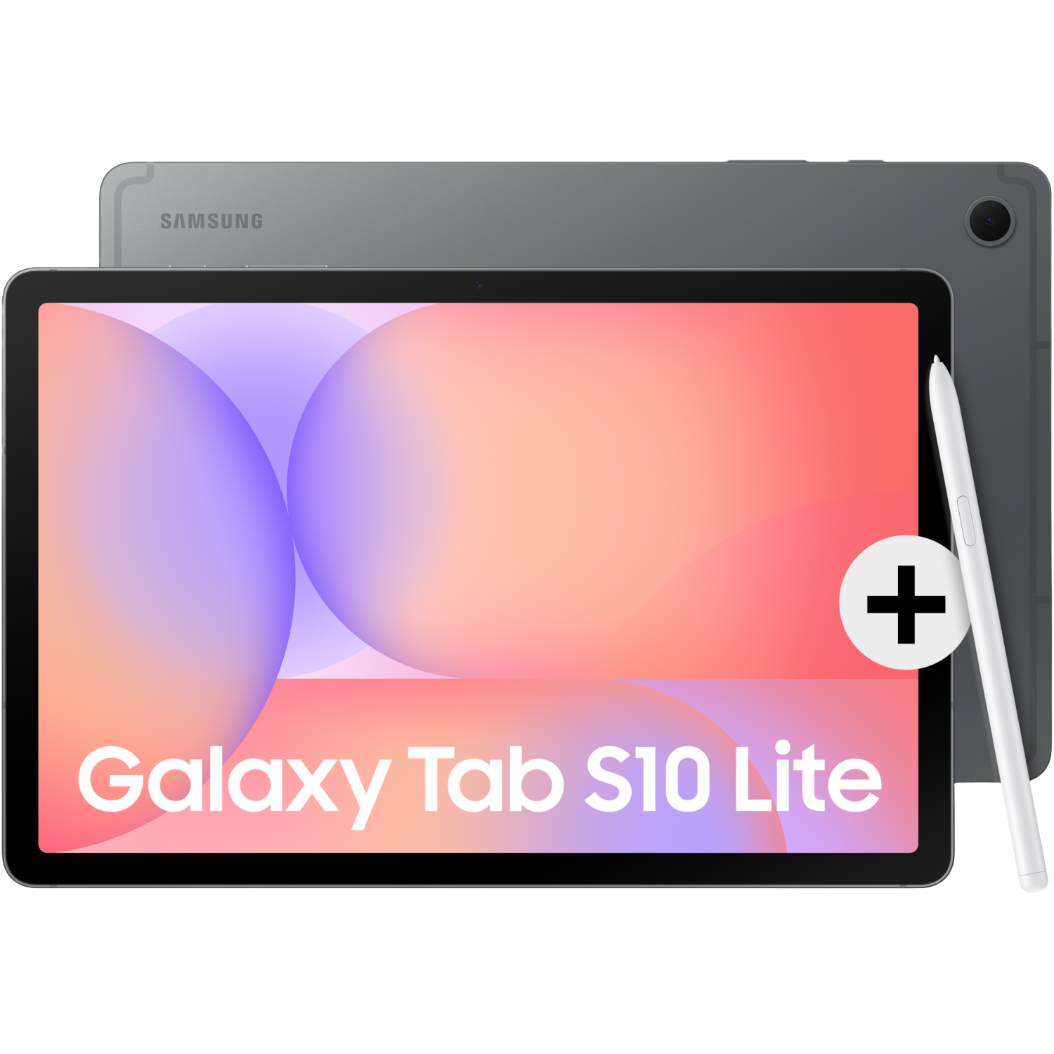 Samsung Galaxy Tab S10 Lite gris avec stylet et icône plus.
