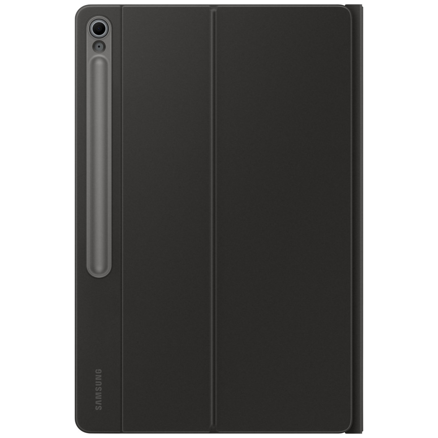 Housse de tablette gris foncé avec support stylet et logo Samsung.