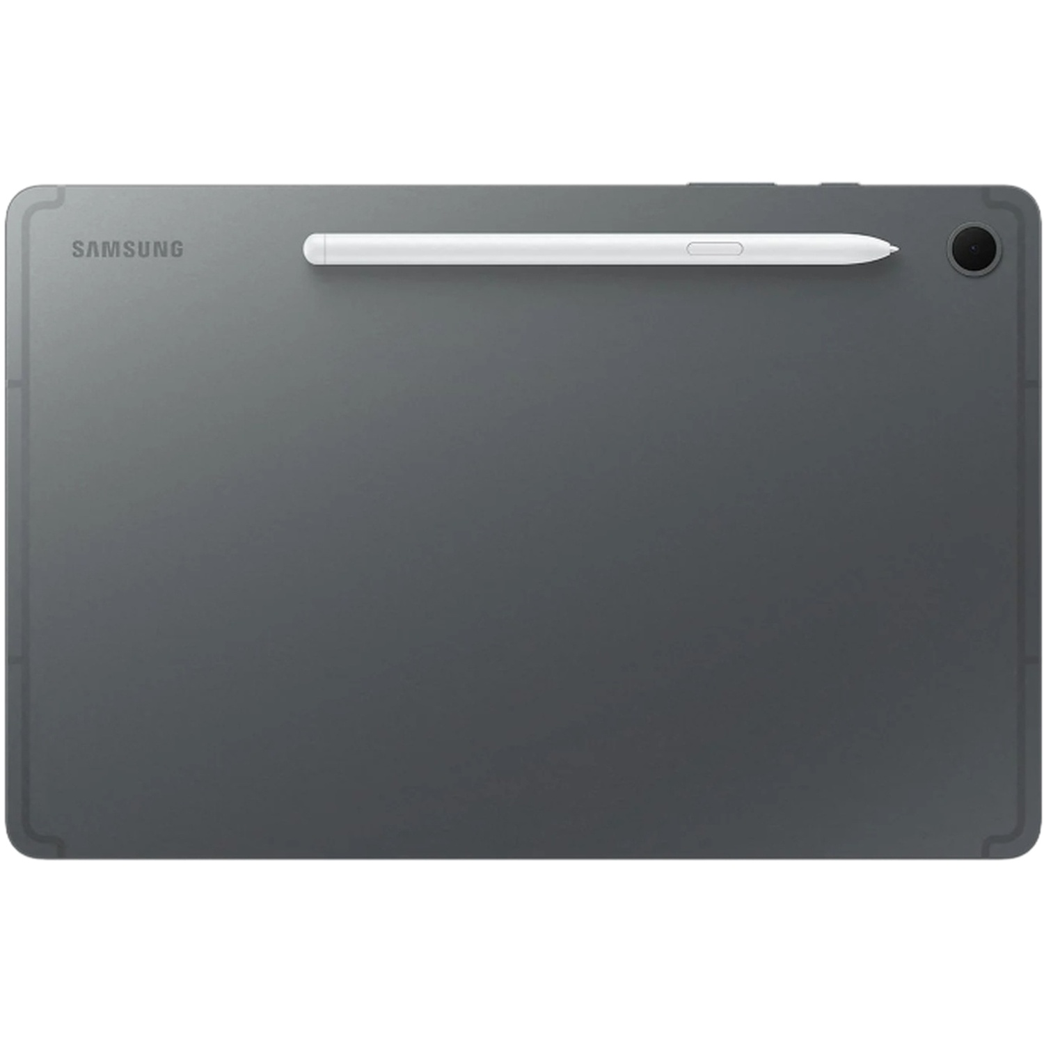 Une tablette Samsung grise avec un stylet blanc repose sur son dos.