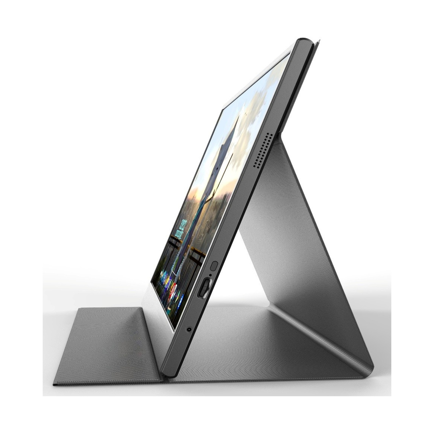 Tablet grigio in un supporto, schermo mostra una città di notte con luci.