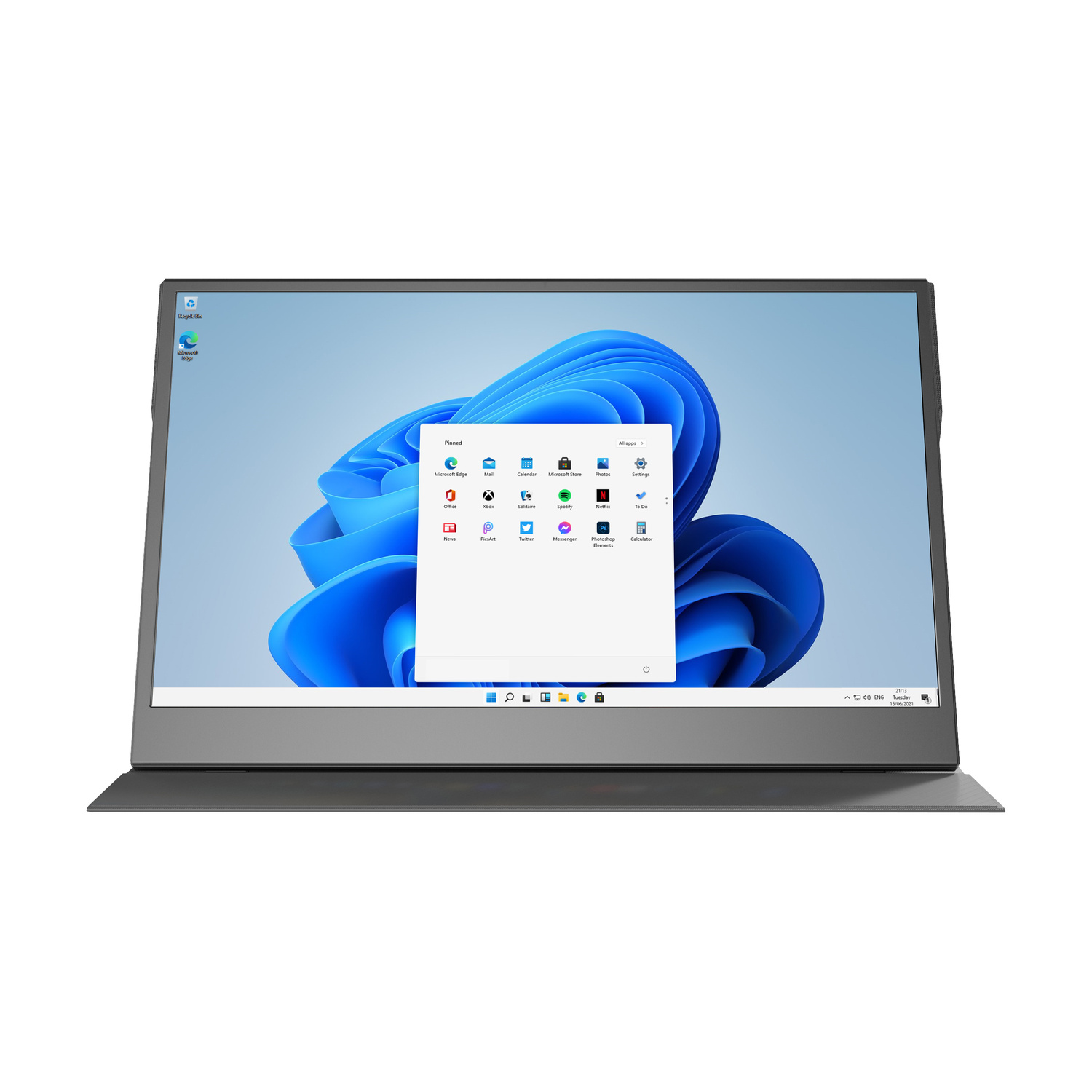 Un monitor portatile che mostra Windows 11 con uno sfondo di fiori blu.