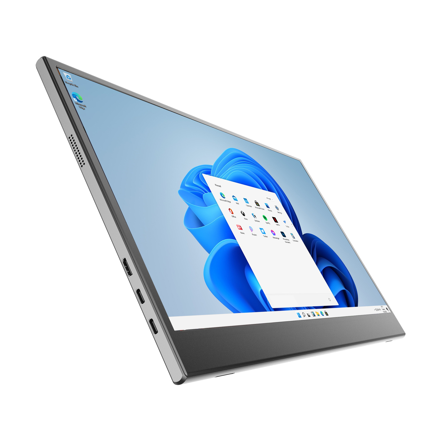 Un monitor portatile moderno con interfaccia Windows 11, che mostra app sullo schermo.