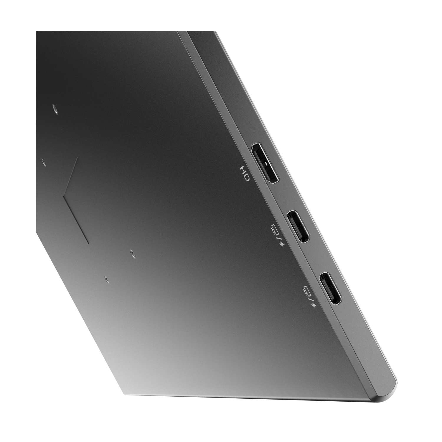 Laptop grigio con porte HDMI e USB-C sul lato.