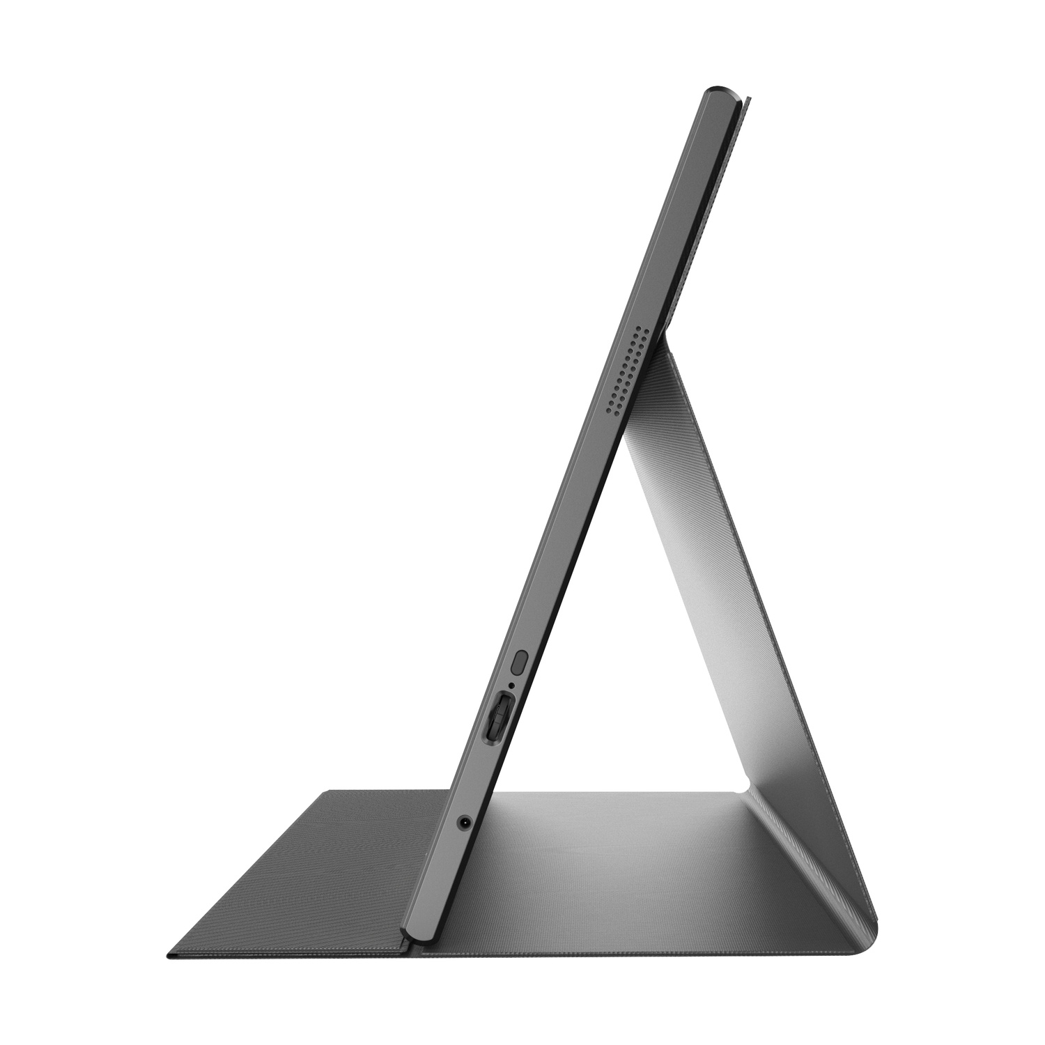 Un tablet grigio con supporto su sfondo bianco.