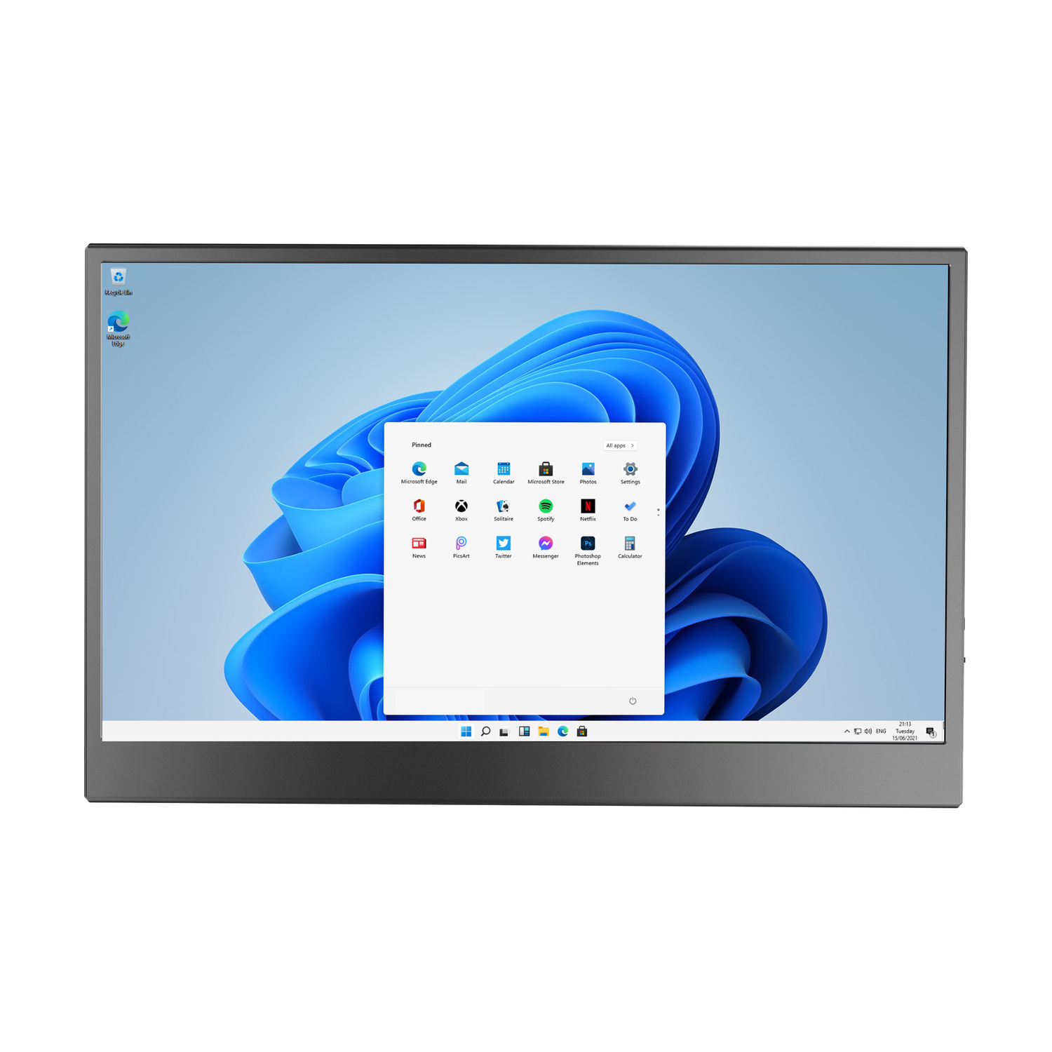 Un desktop di Windows 11 che mostra un menu Start con app bloccate.