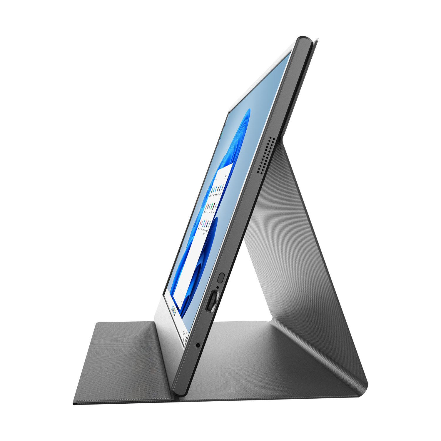 Un laptop argentato con supporto è mostrato su sfondo bianco.