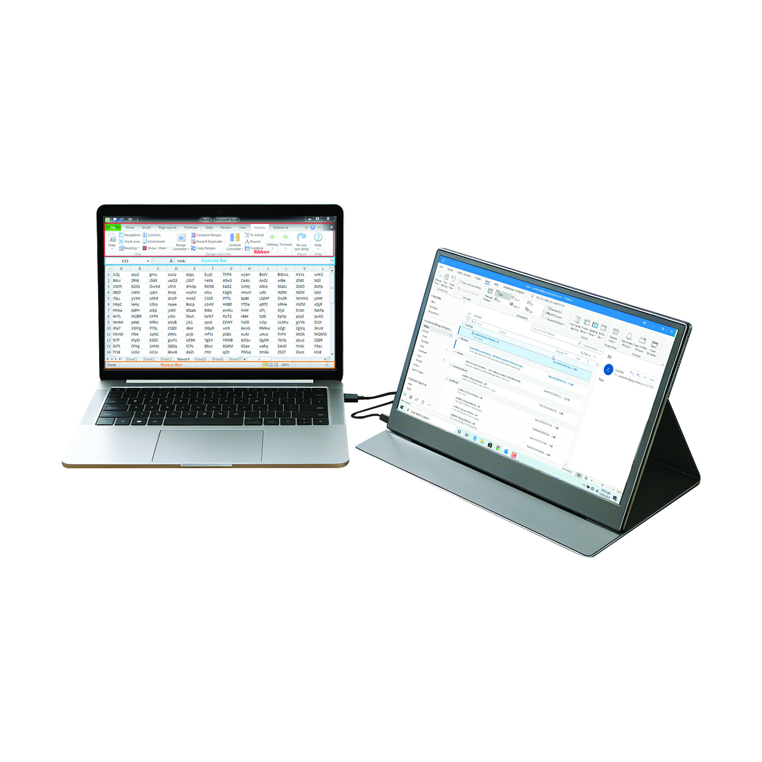 Un laptop è collegato a un monitor esterno. Entrambi mostrano programmi per computer.