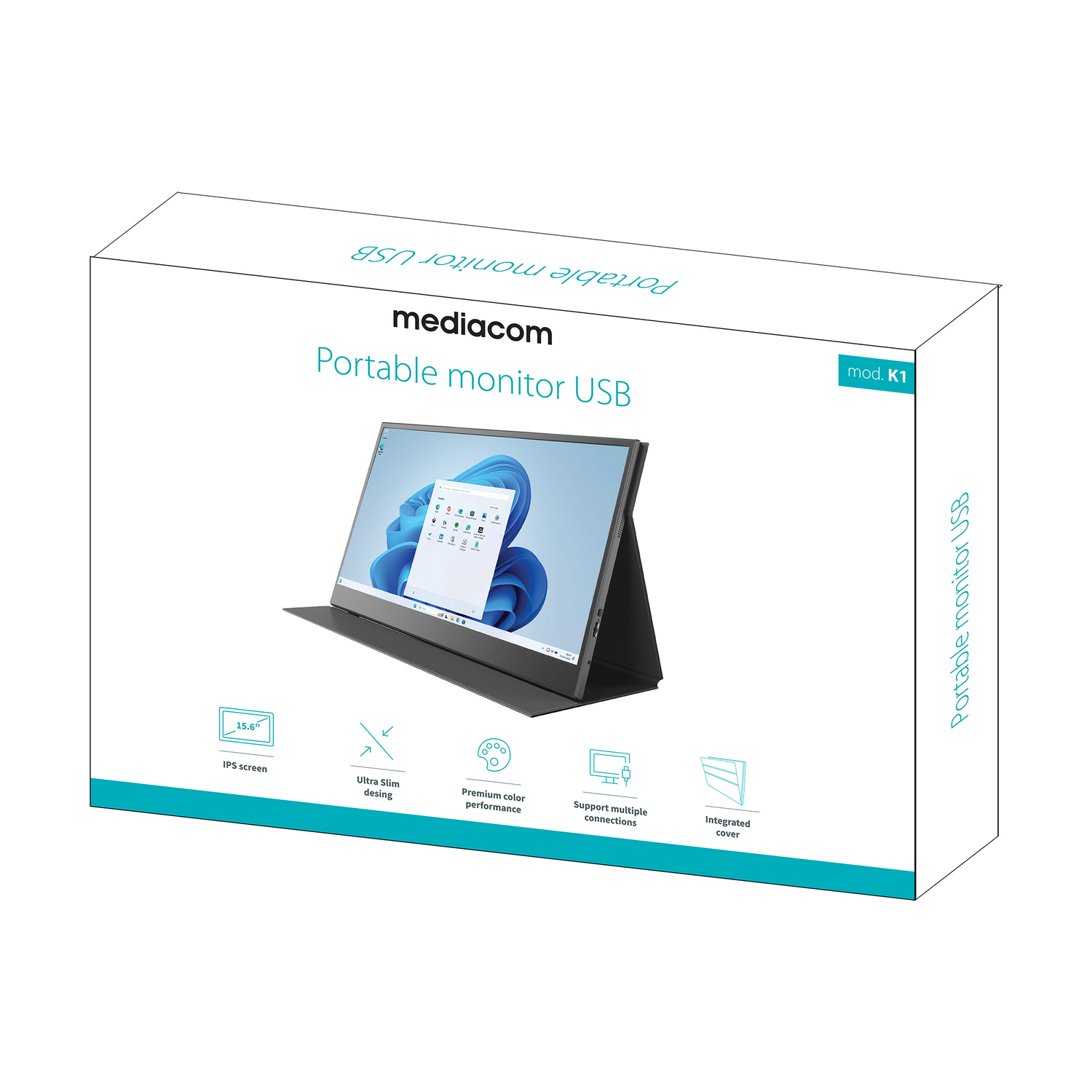Mediacom monitor USB portatile su confezione, 15,6 pollici IPS, sottile, bei colori.