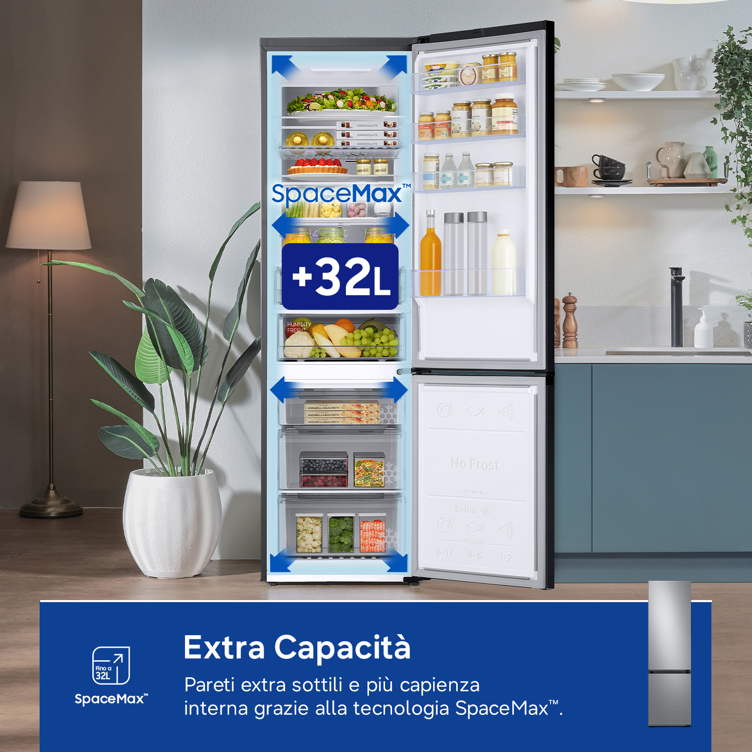Un frigorifero aperto pieno di cibo, con capacità di +32L.