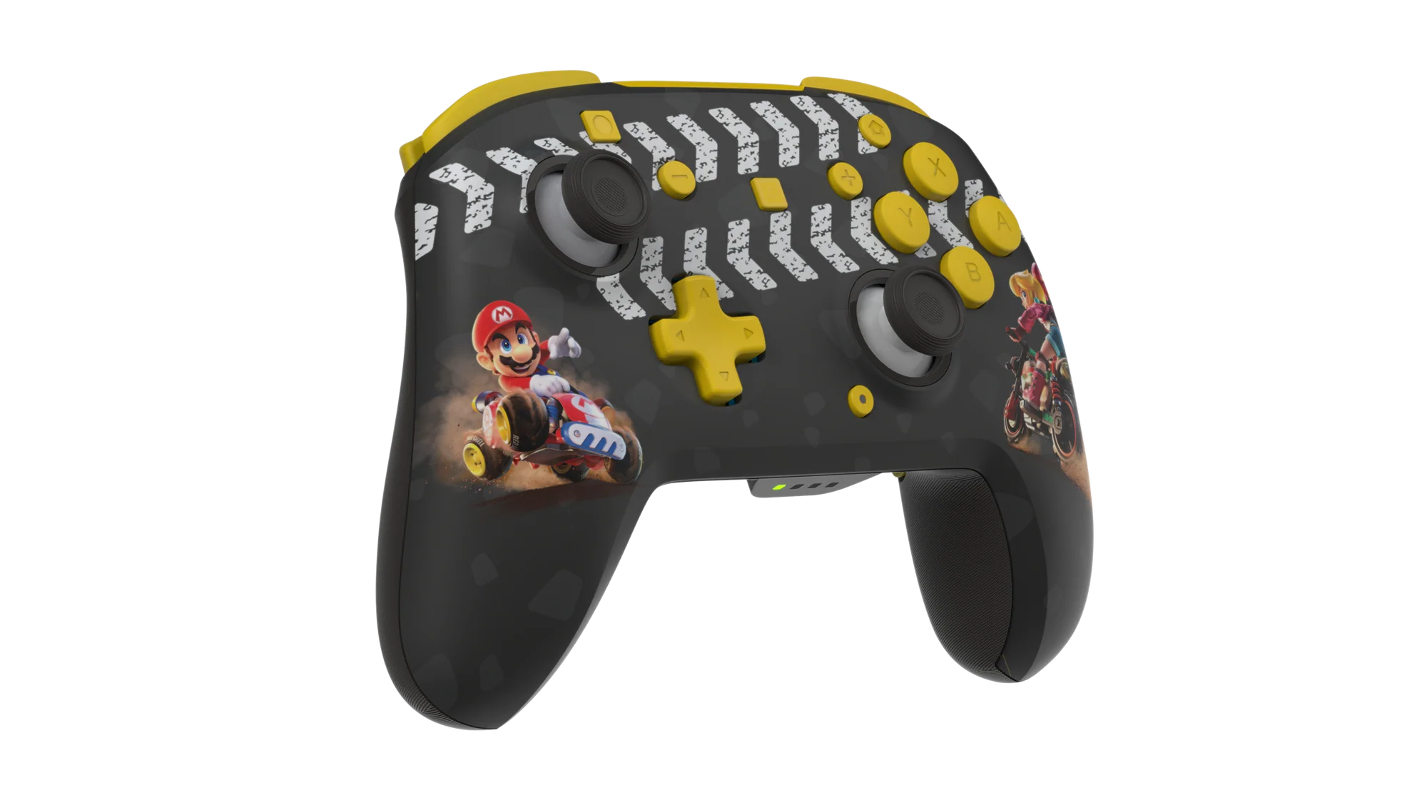 Controlador negro con tema de Mario y botones amarillos.