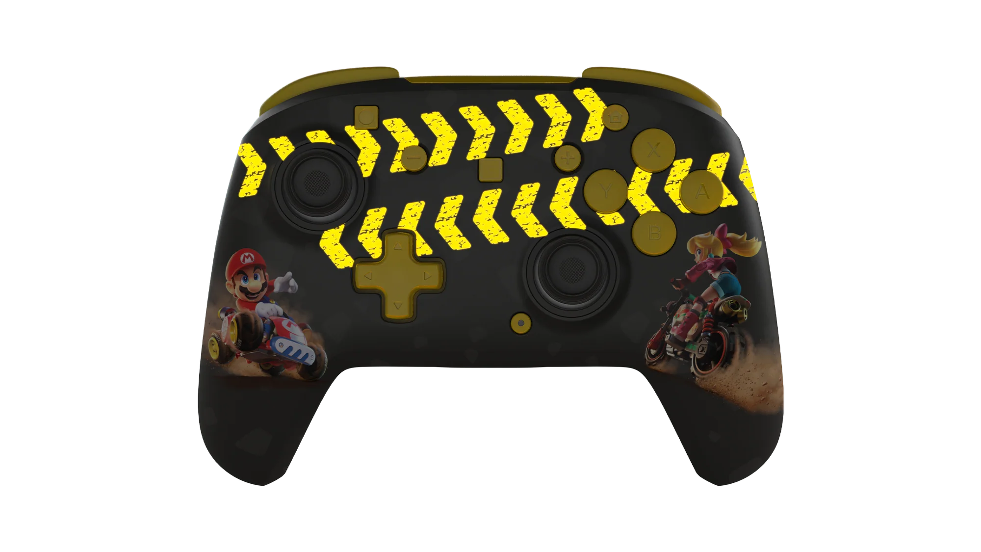 Controlador negro con franjas de advertencia amarillas e imágenes de Mario y Peach en karts.
