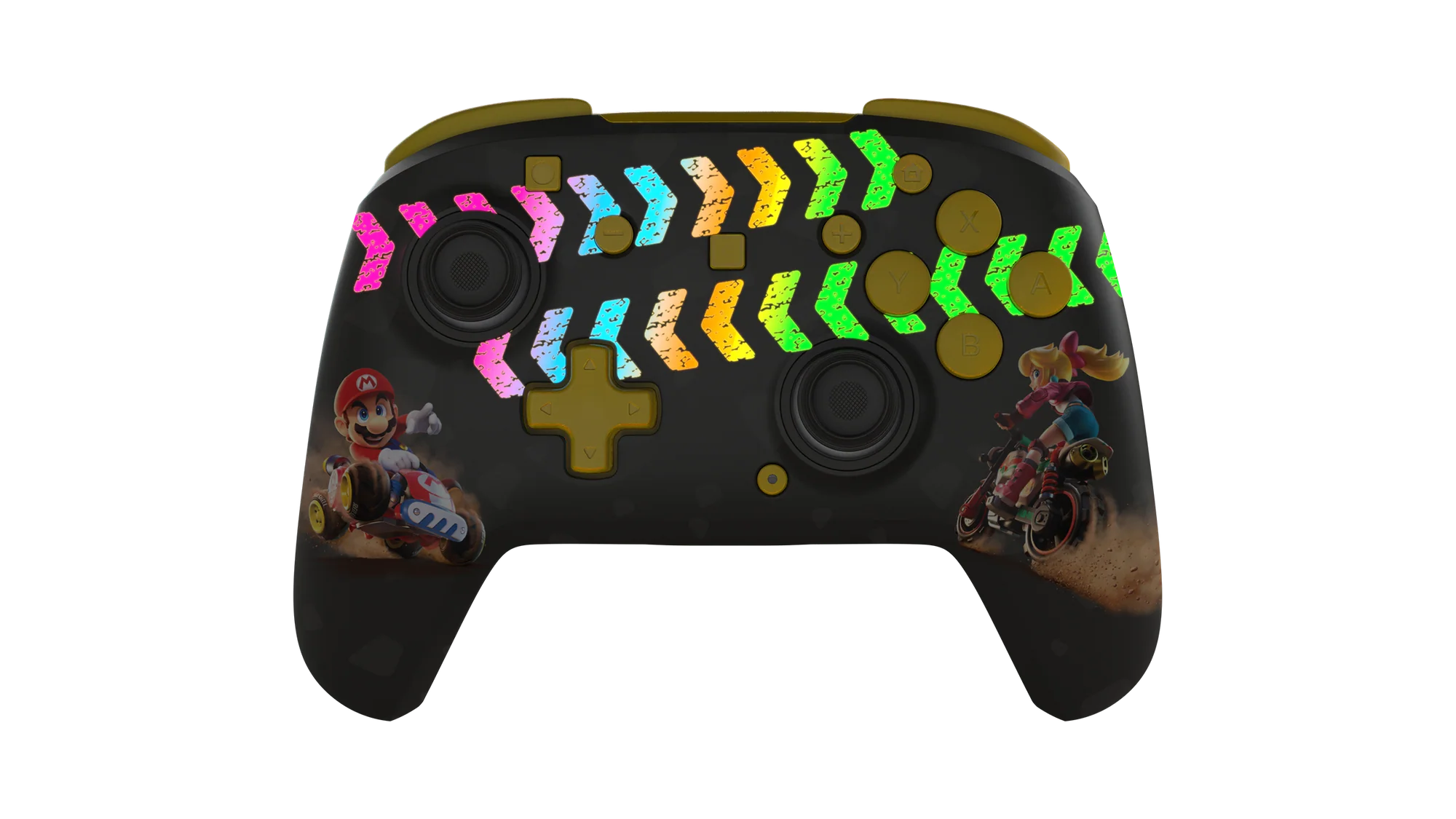 Un mando negro con Mario y Peach en karts, con diseños de flechas coloridas.