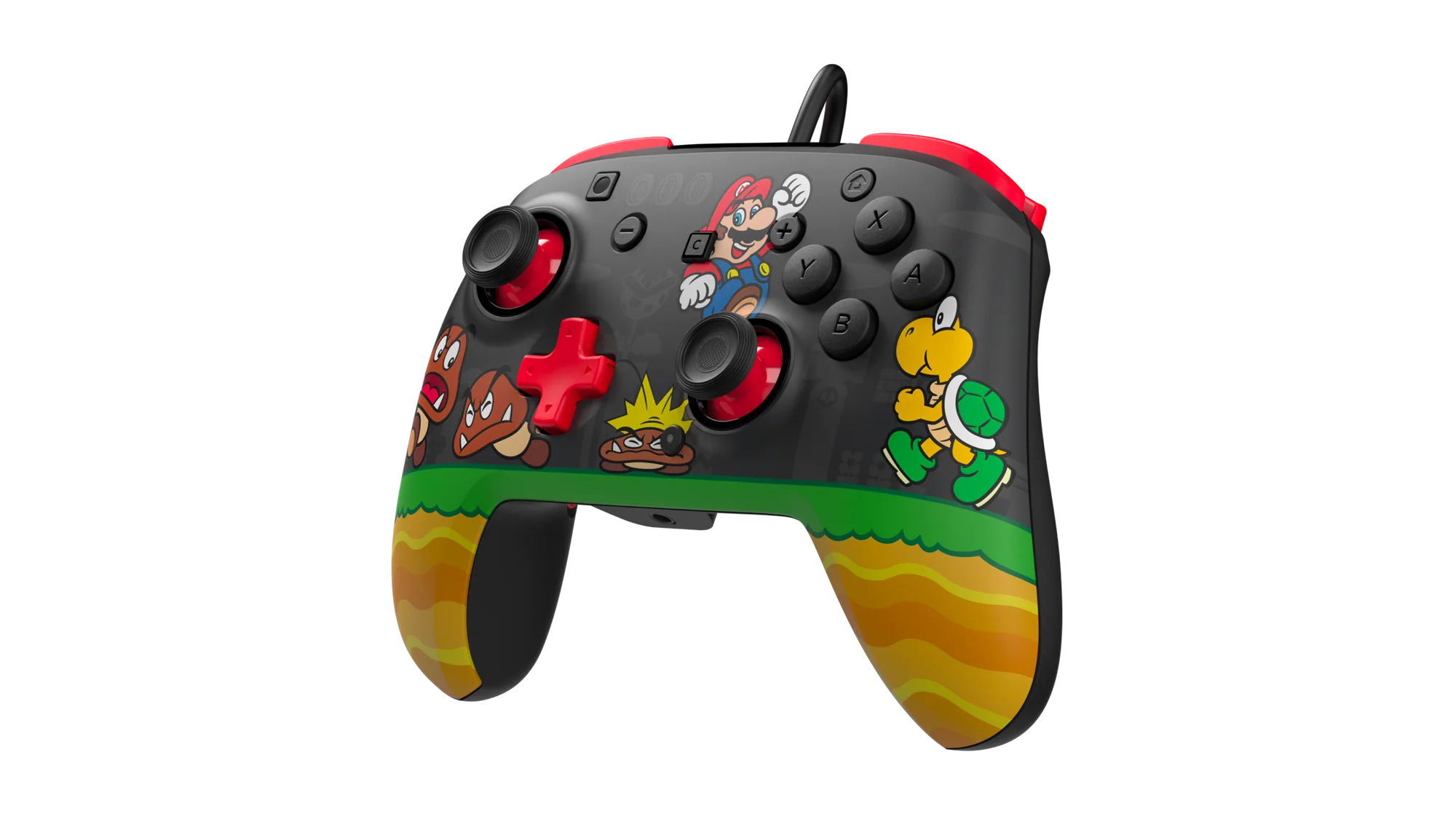 Un controlador negro con personajes de Mario, Goombas y Koopa. Patrones ondulados verdes y amarillos.