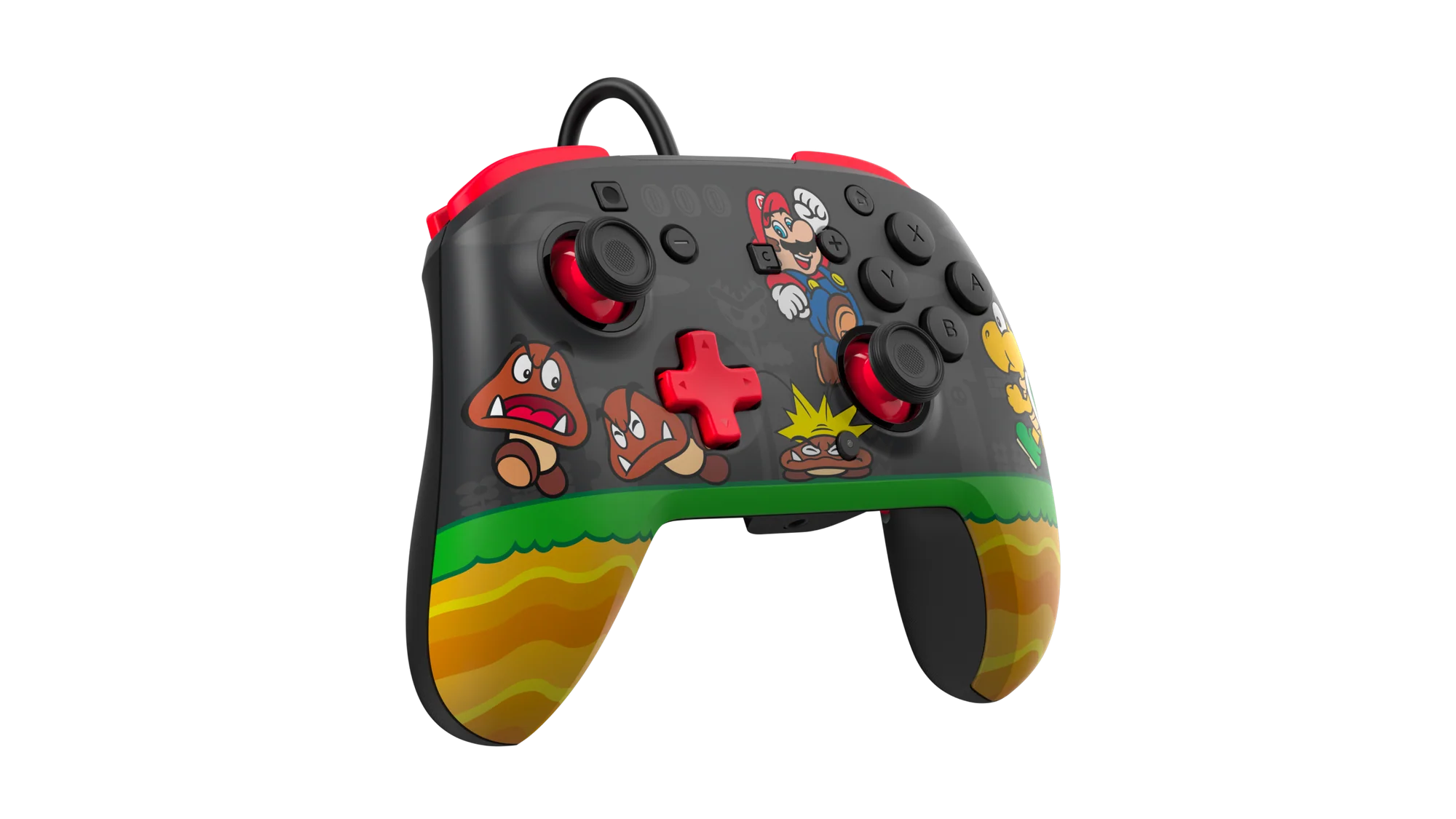 Un mando de videojuegos negro con personajes de Mario y detalles rojos sobre fondo negro.