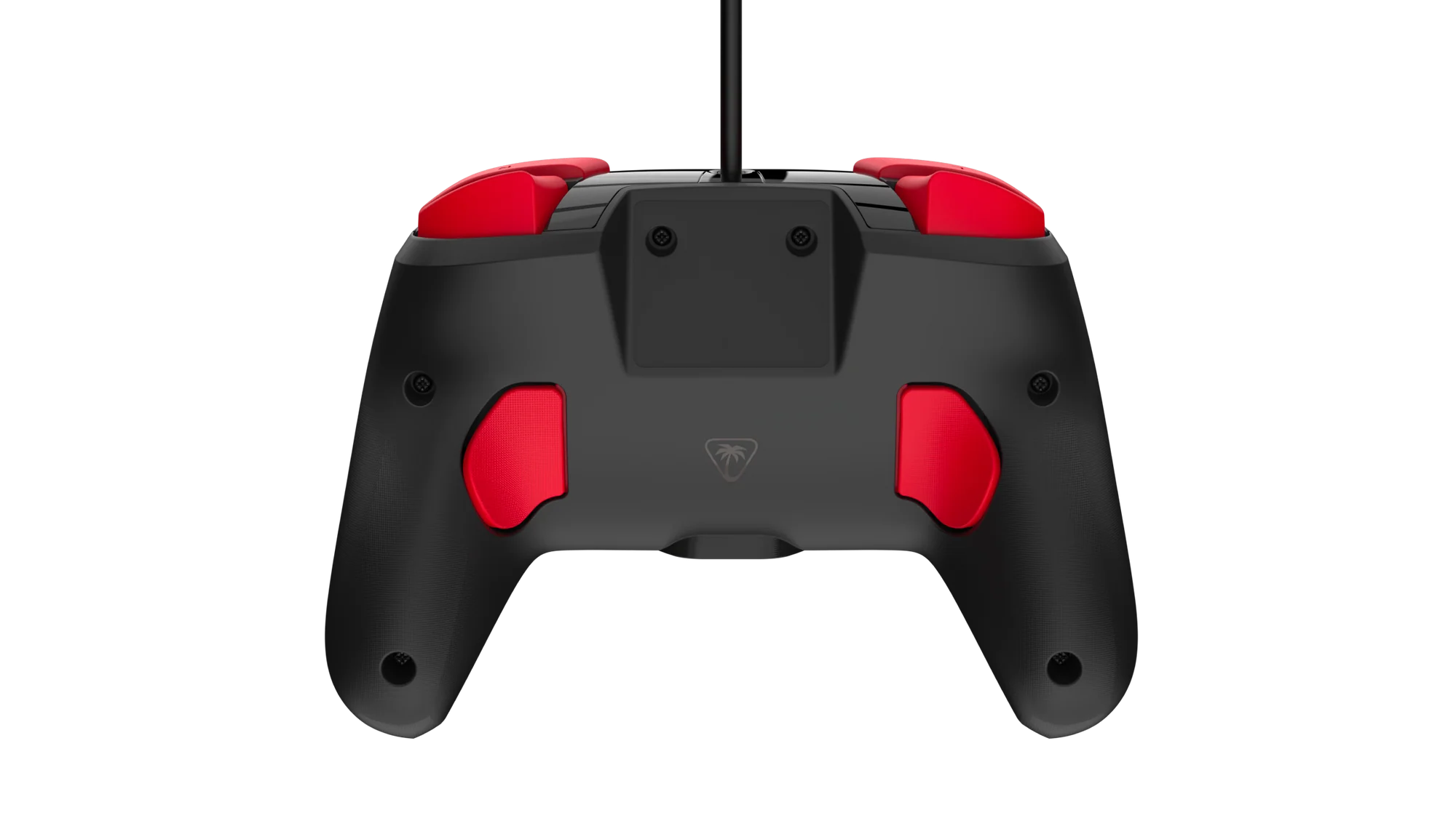 Mando de juego negro con detalles rojos, sobre fondo negro.