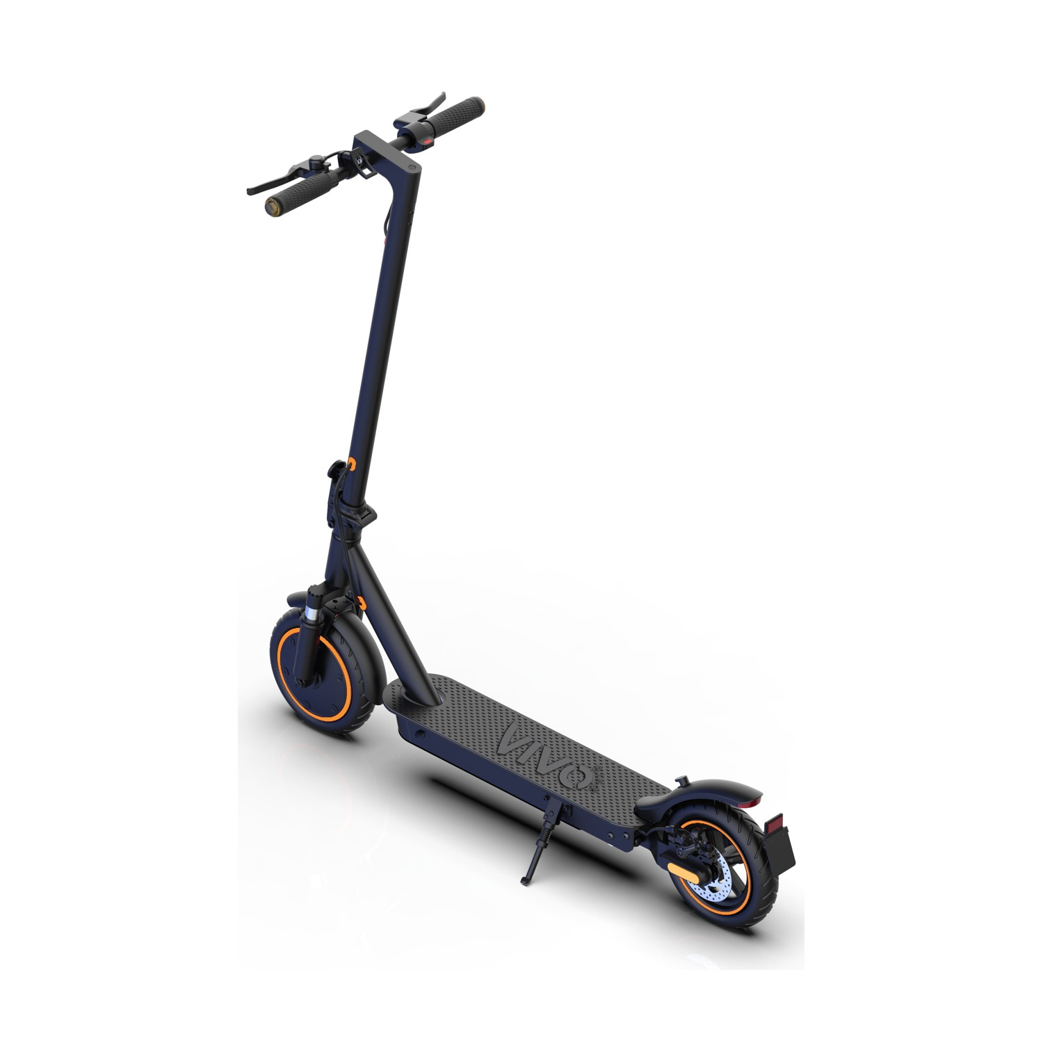 Uno scooter elettrico blu scuro con accenti arancioni su sfondo bianco.