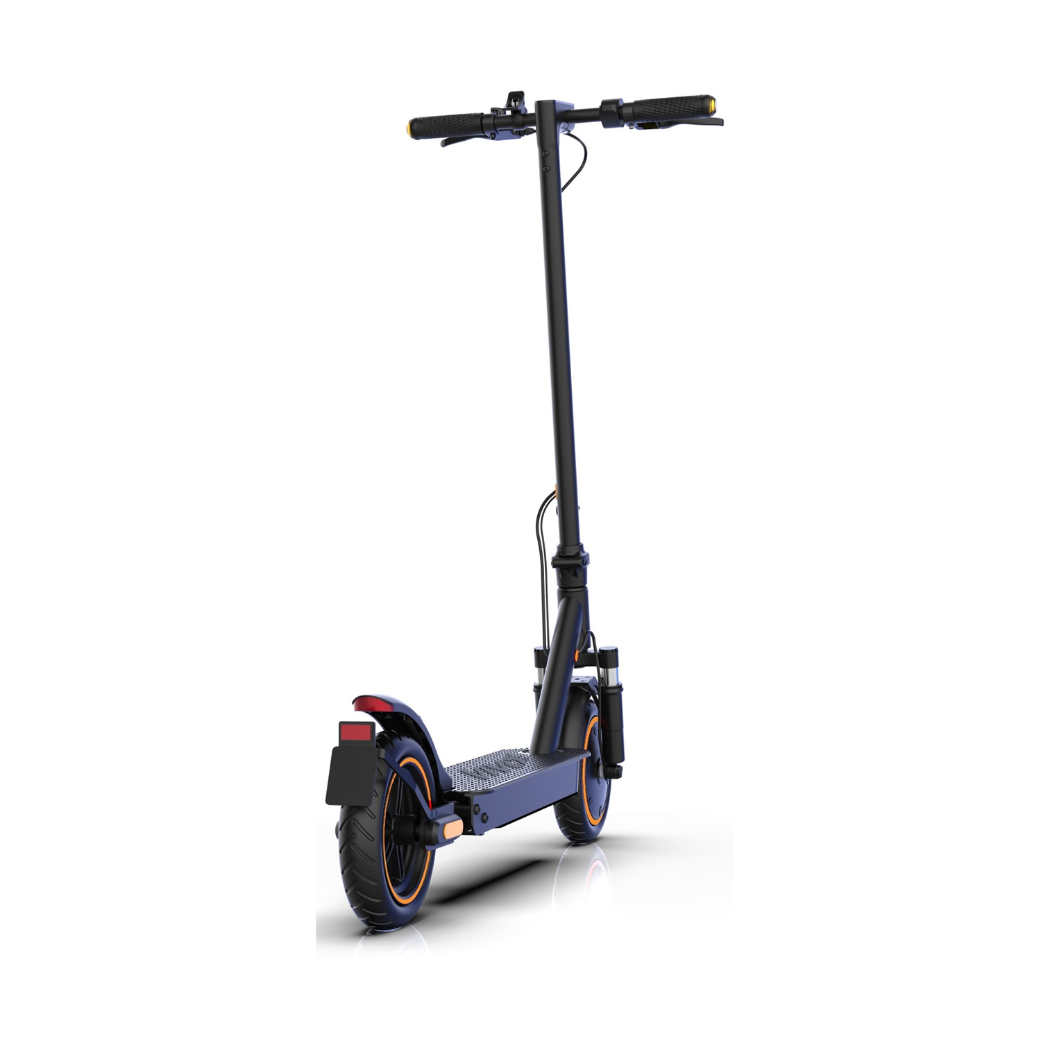 Uno scooter elettrico nero con accenti arancioni si erge su sfondo bianco.