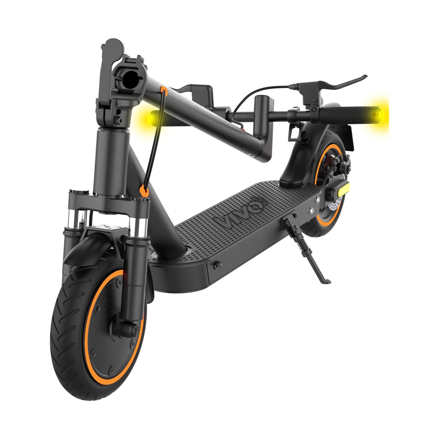 Uno scooter elettrico nero con accenti arancioni e luci gialle.