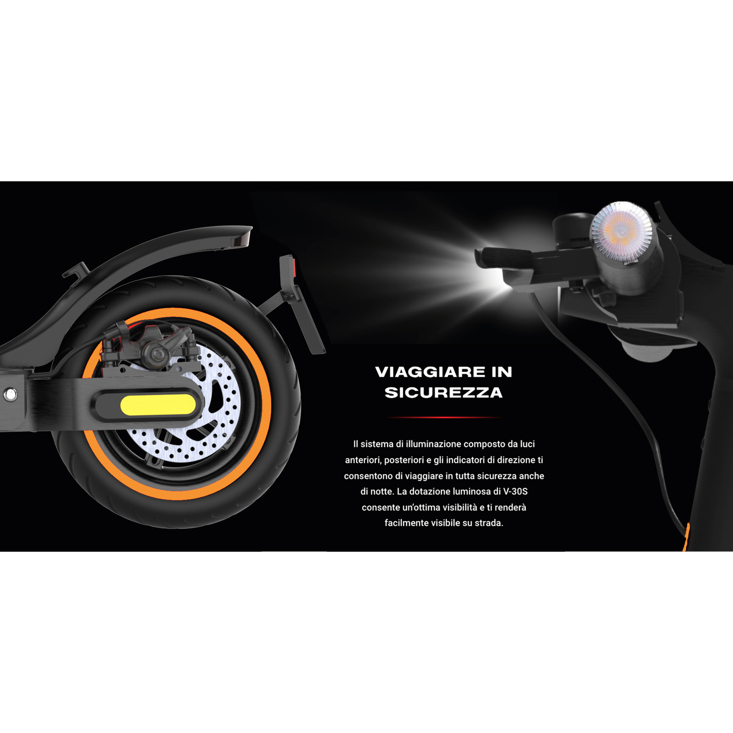 Ruota posteriore di scooter nera e faro illuminato su sfondo scuro.