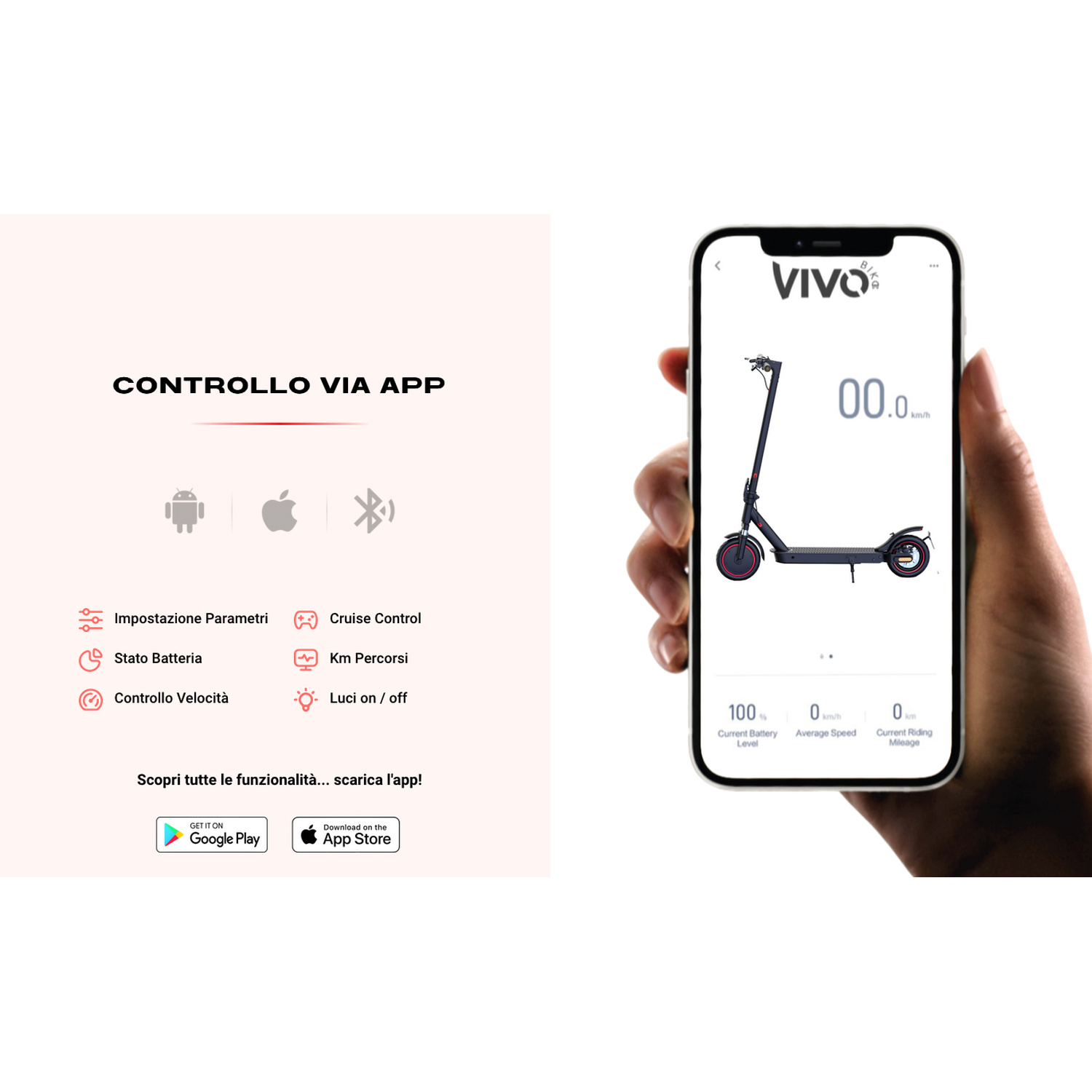 Una mano tiene uno smartphone che mostra un'app monopattino elettrico con statistiche.