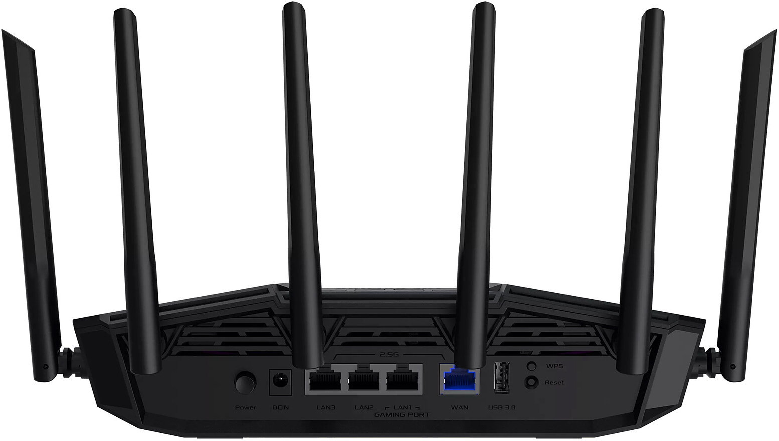 Fekete router hátulnézete öt antennával, több porttal és gombokkal.