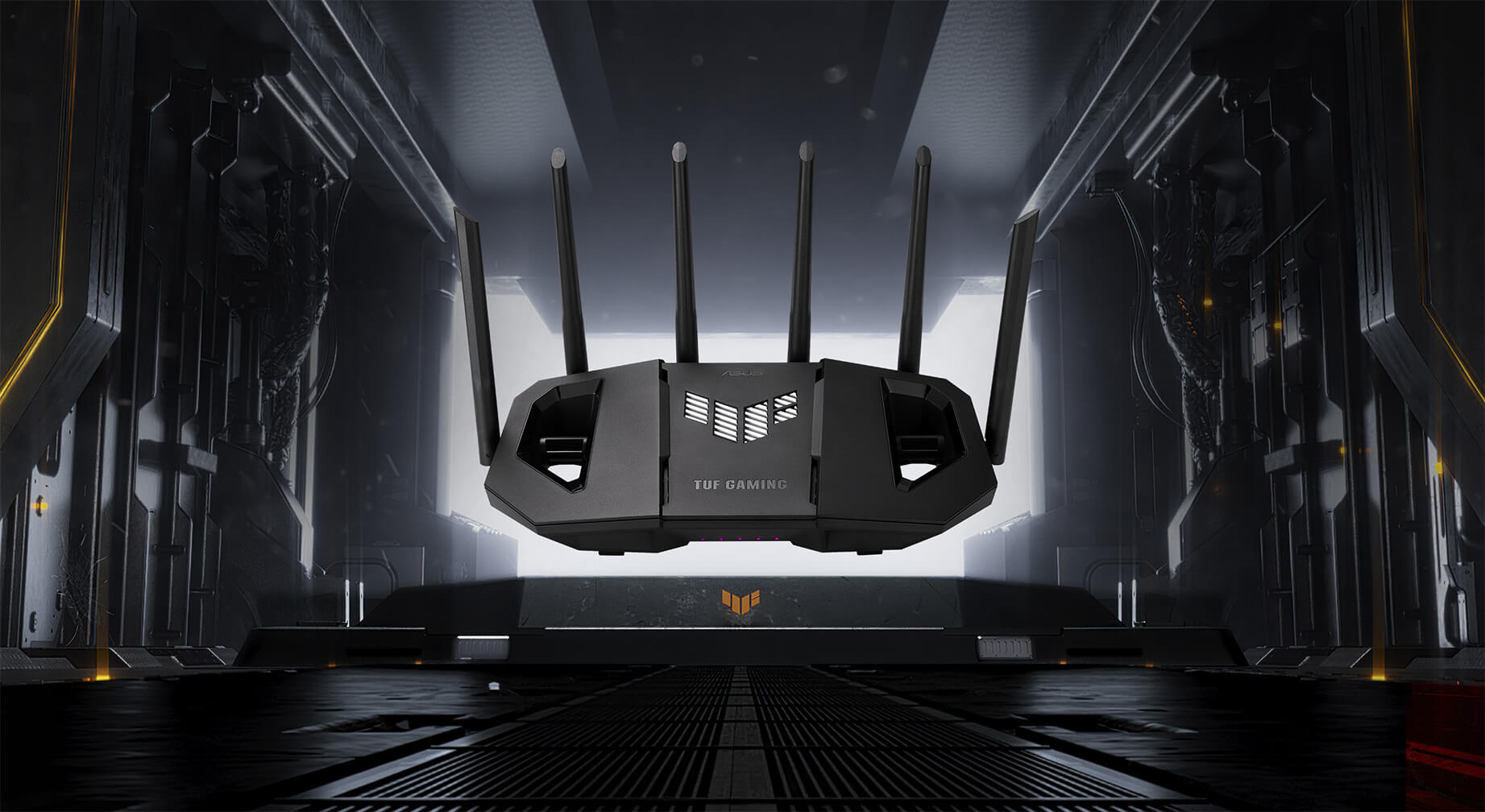 Fekete router antennákkal futurista környezetben.