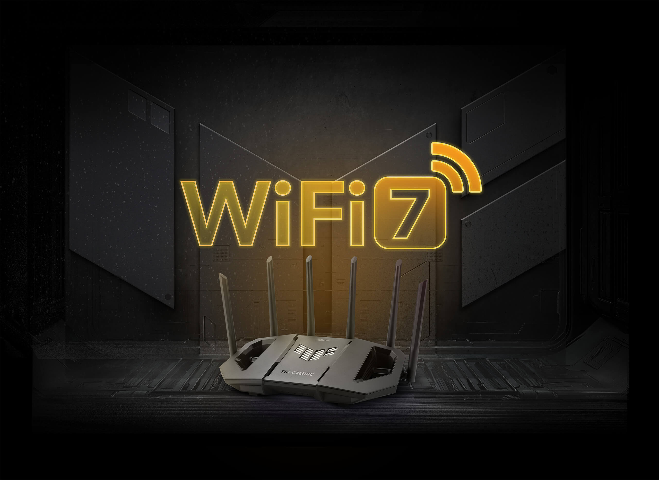 Szürke Asus router WiFi 7 logóval, sötét, ipari háttér előtt.