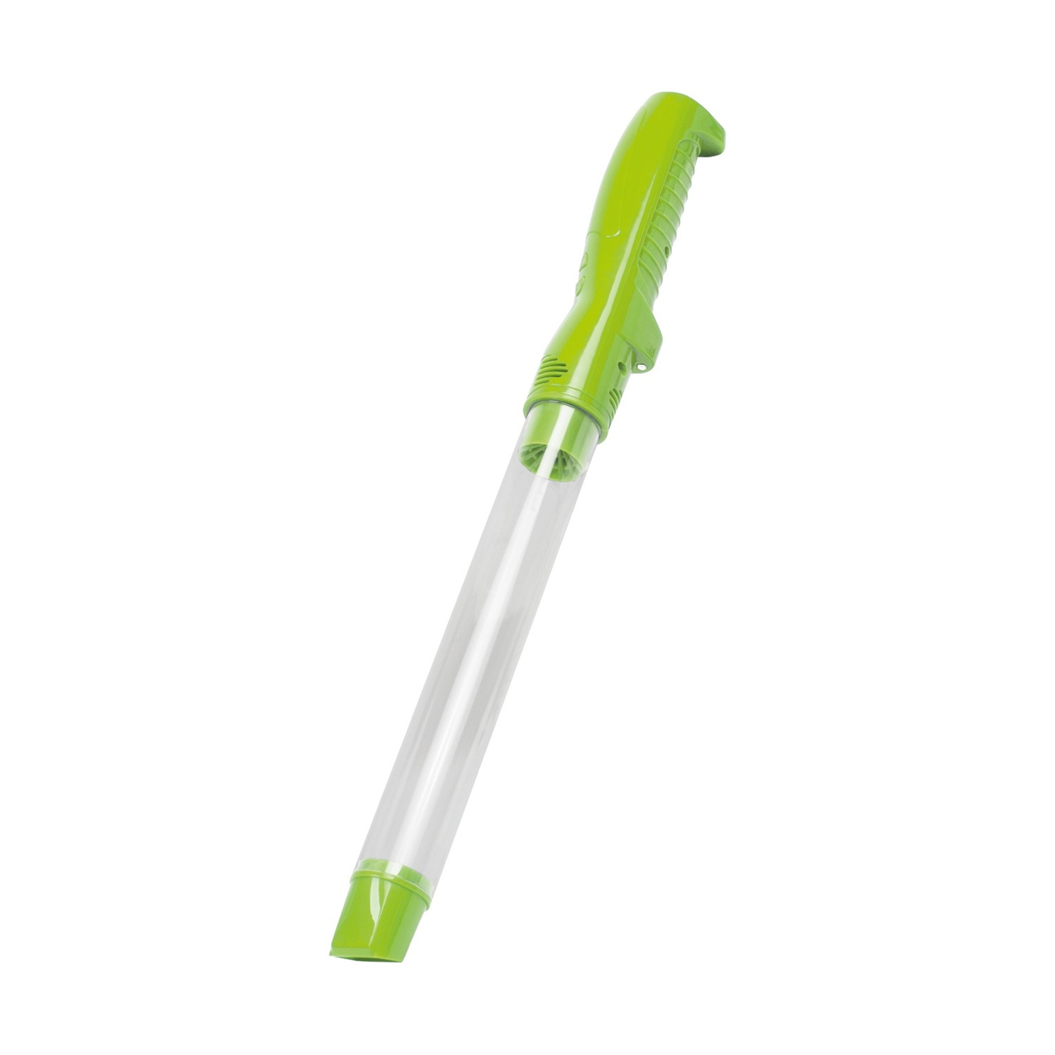 Un acchiappa insetti verde con corpo a tubo trasparente e manico.