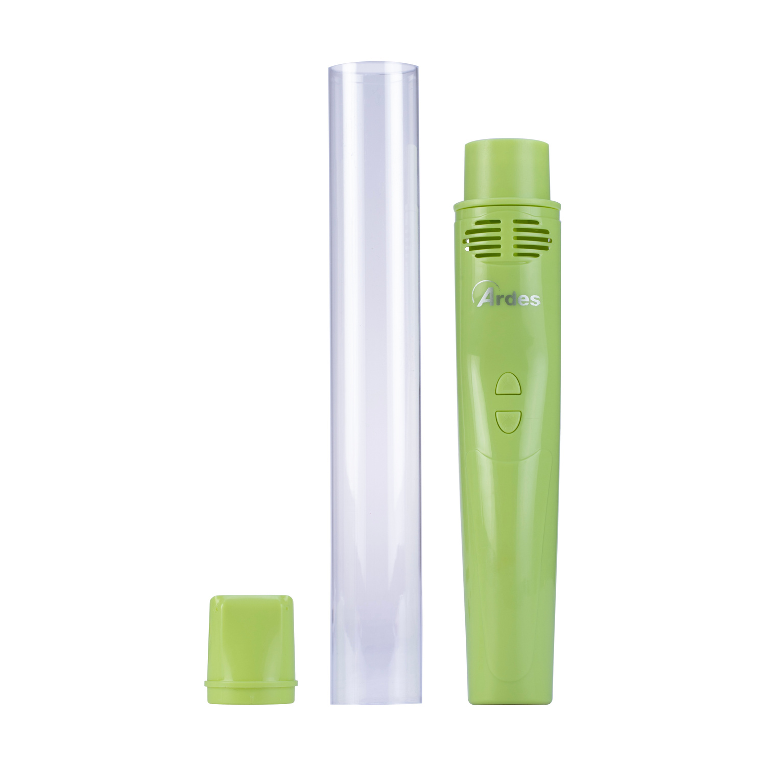 Aspirapolvere portatile verde con accessori su sfondo bianco.