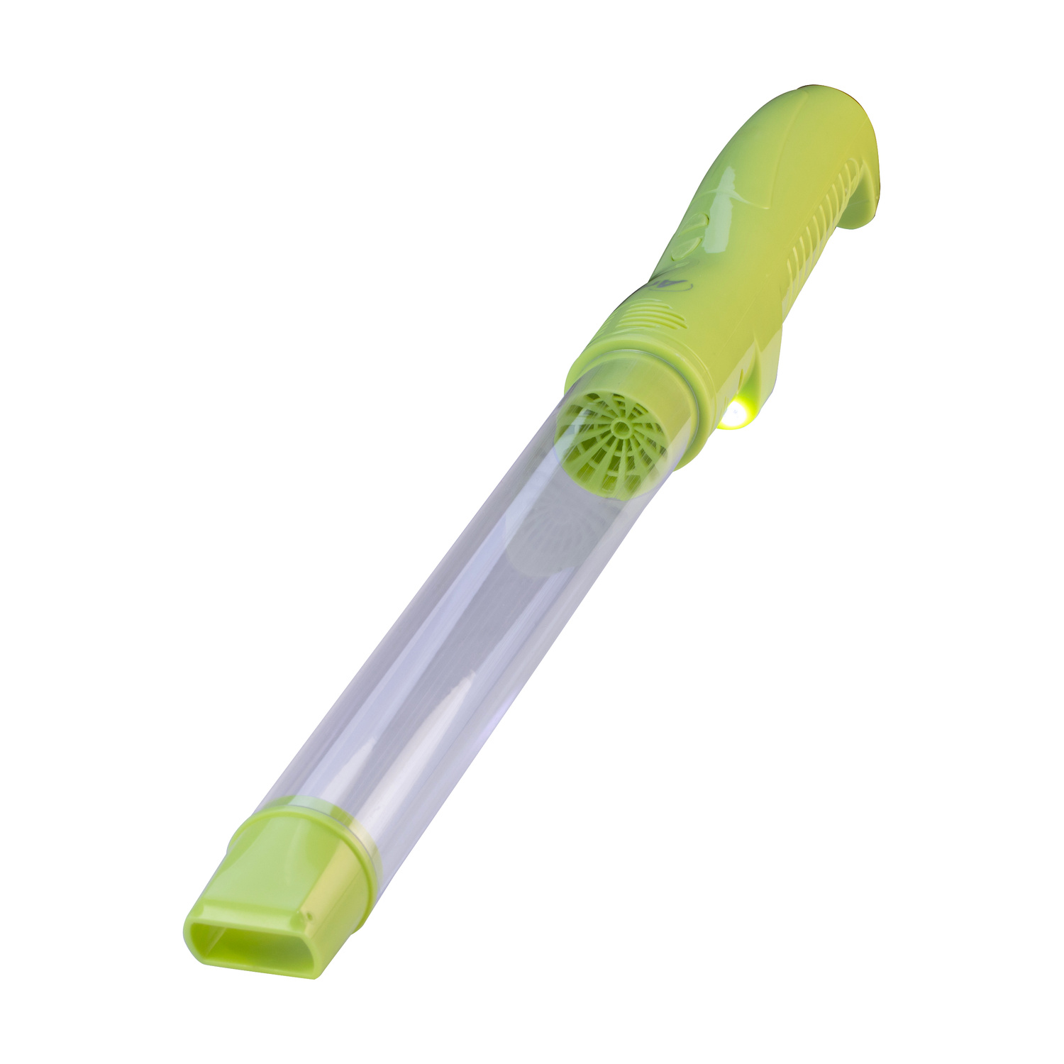 Un aspirapolvere portatile verde chiaro con tubo trasparente e luce.