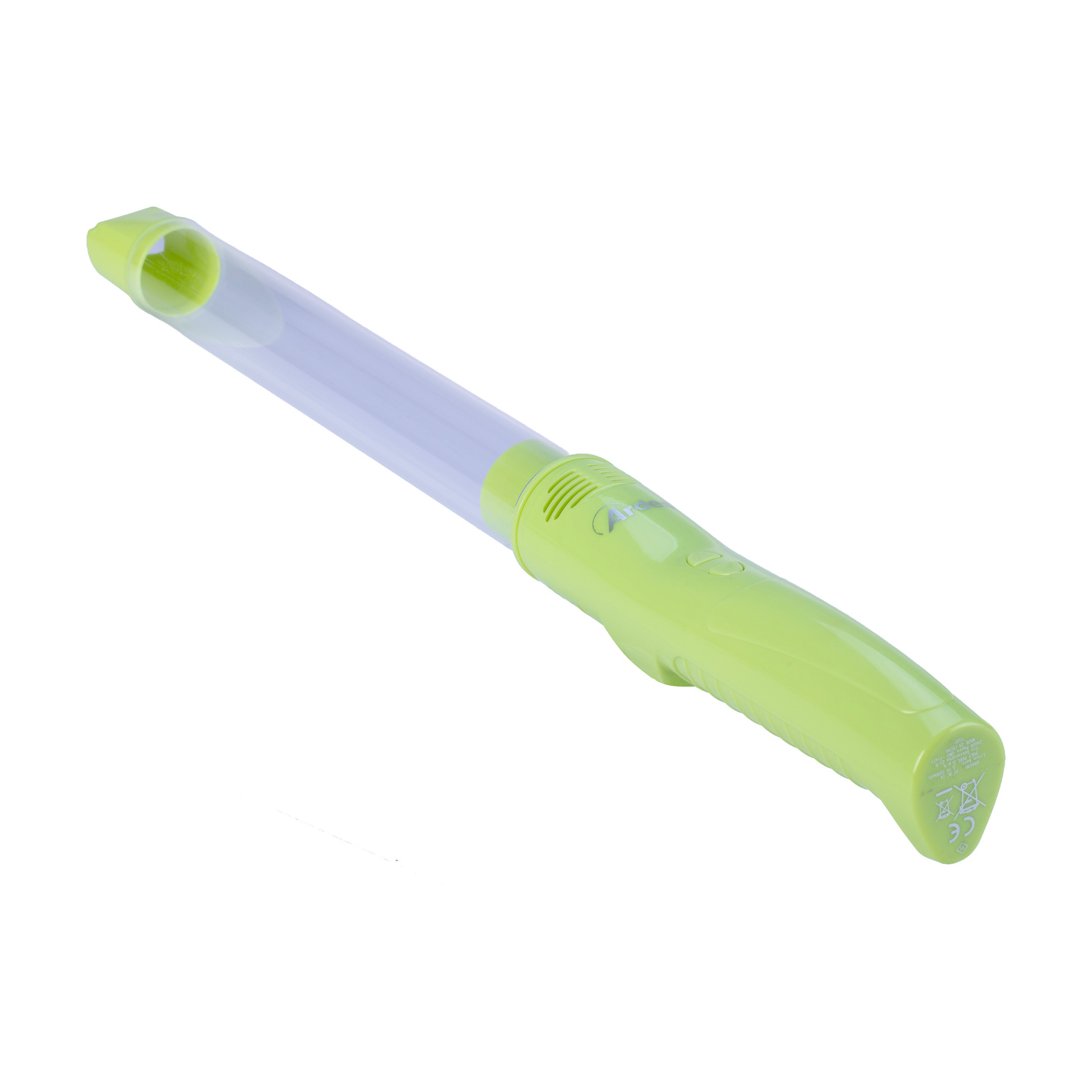 Un attrezzo verde brillante con tubo e manico trasparenti.