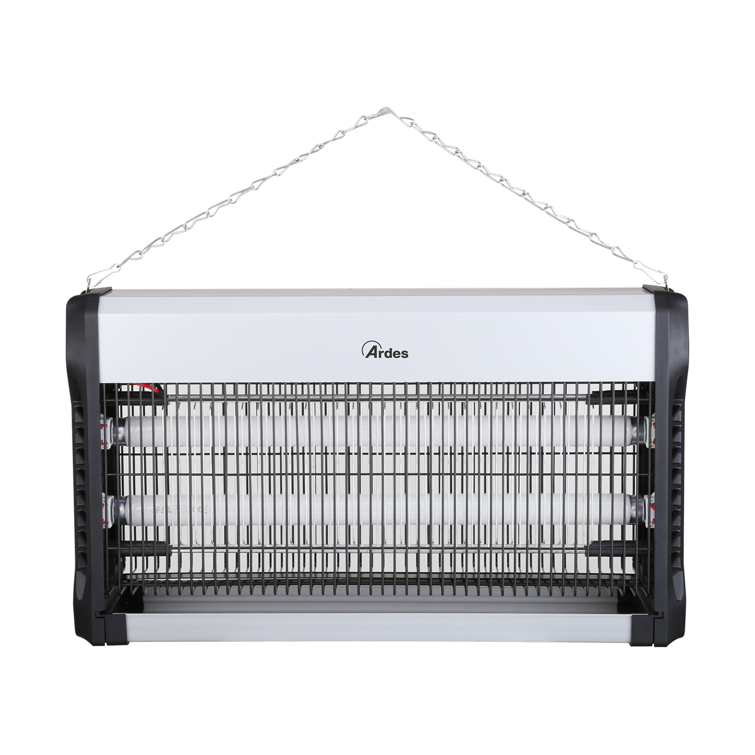Una luce insetticida sospesa con catene metalliche e tubi bianchi.