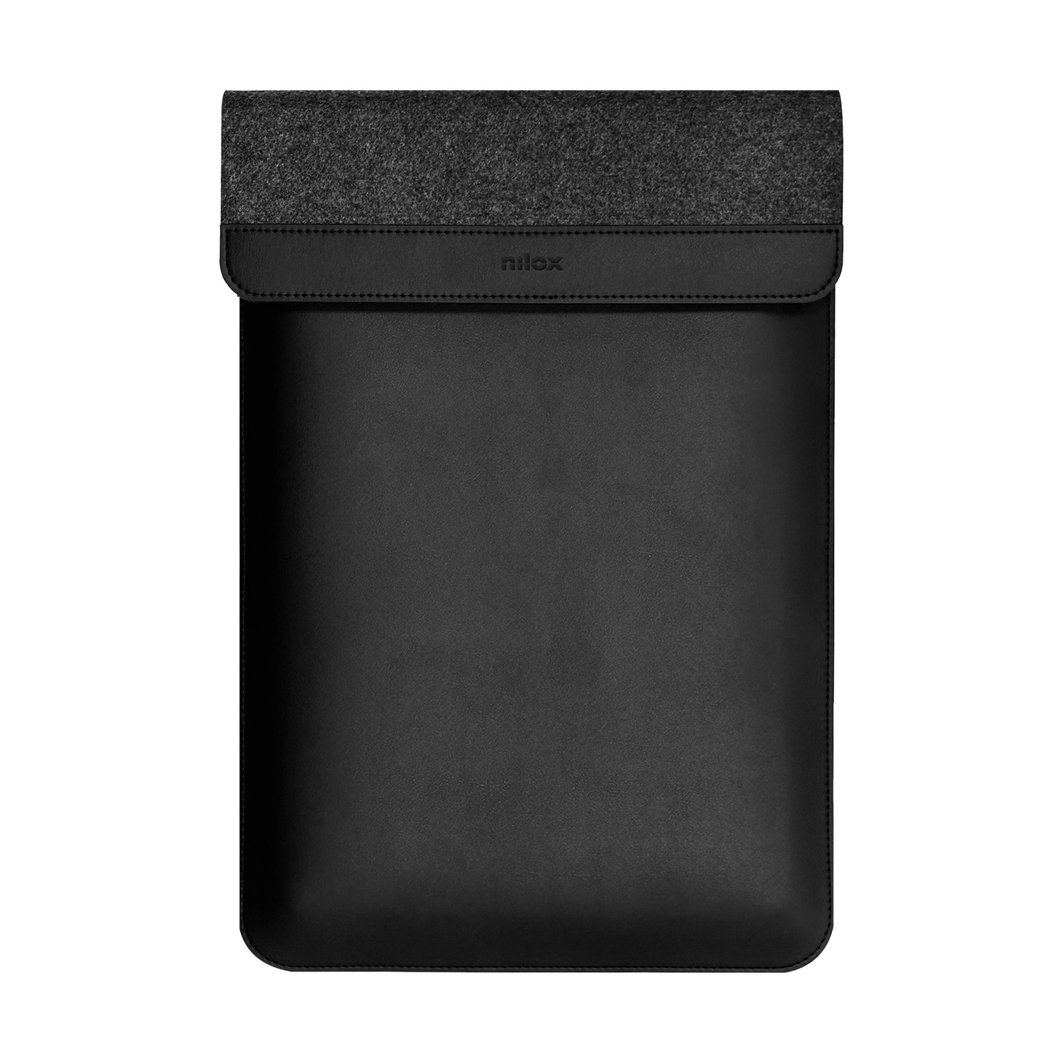 Custodia nera per laptop in pelle e feltro con logo 'nilex'.