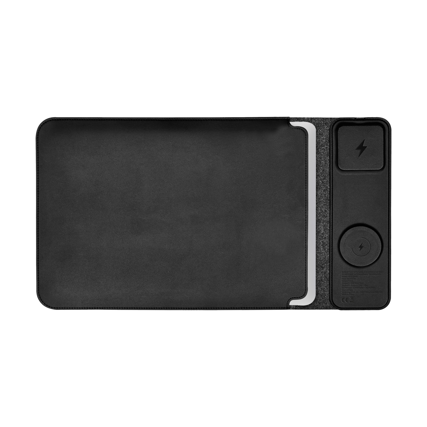 Tappetino da scrivania in pelle nera con caricatore wireless integrato e porta USB-C.