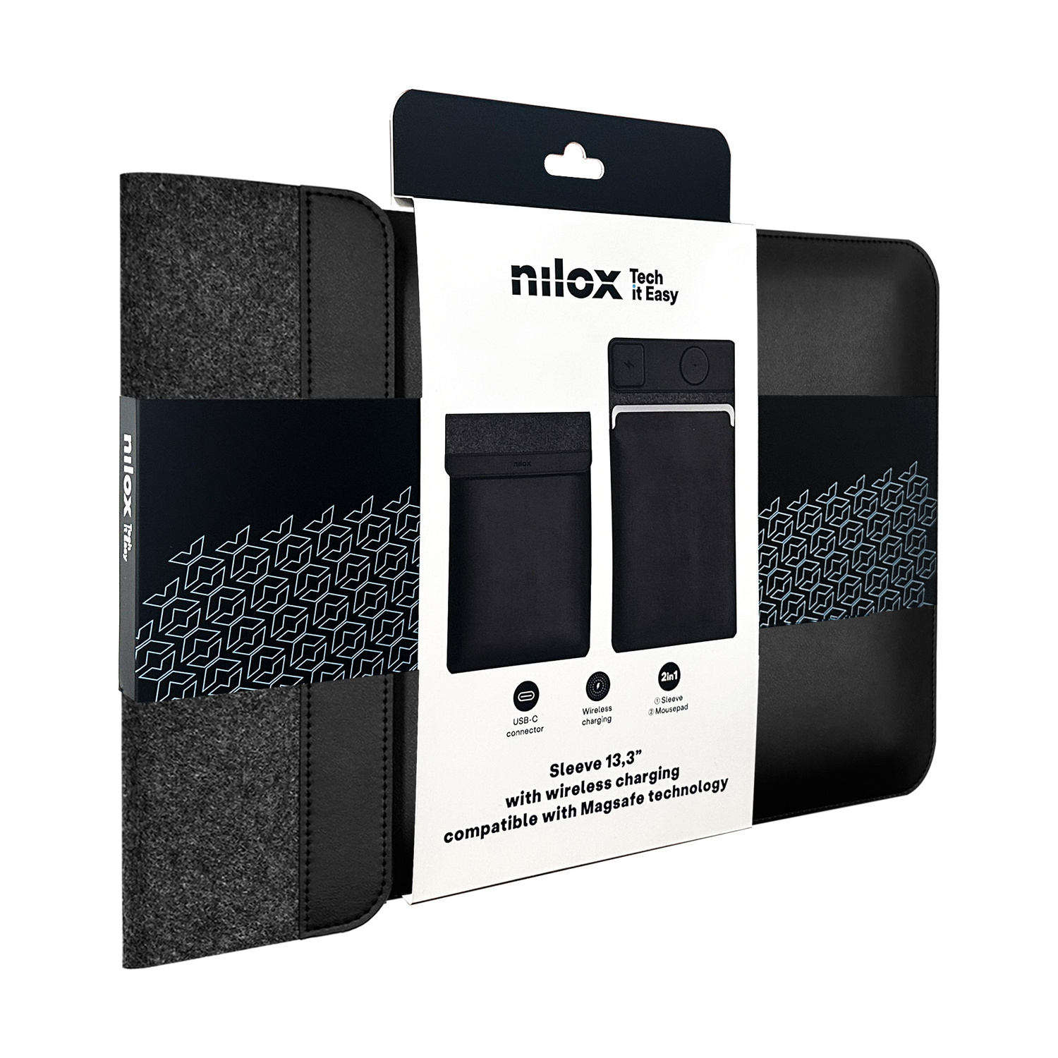 Custodia per laptop in feltro e pelle con tappetino di ricarica wireless.