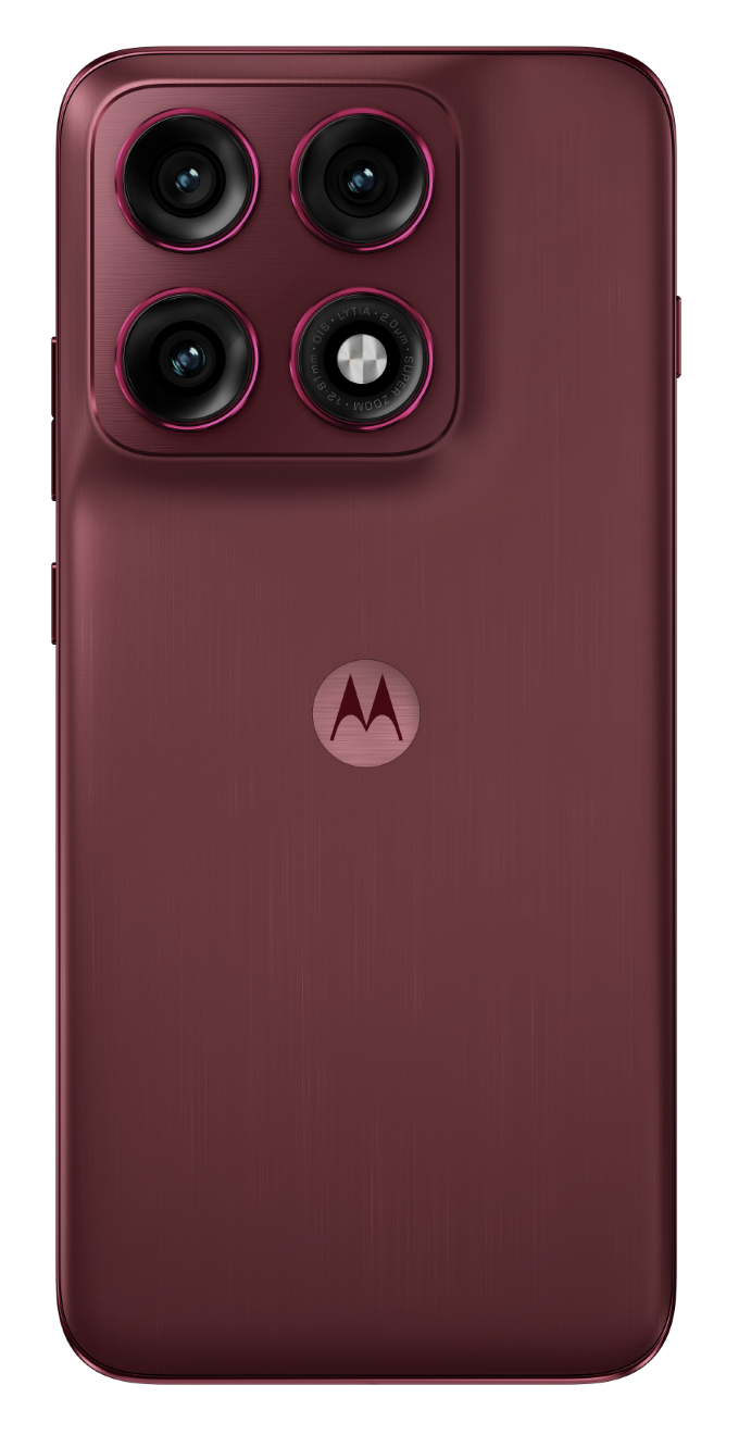 Ciemnoczerwony smartfon z czterema aparatami i logo Motorola.