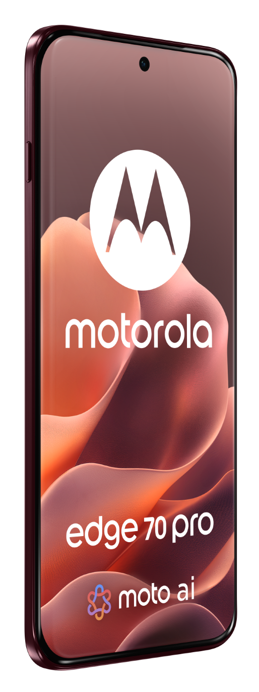 Ciemnoczerwony smartfon Motorola Edge 70 Pro z logo Motoroli.