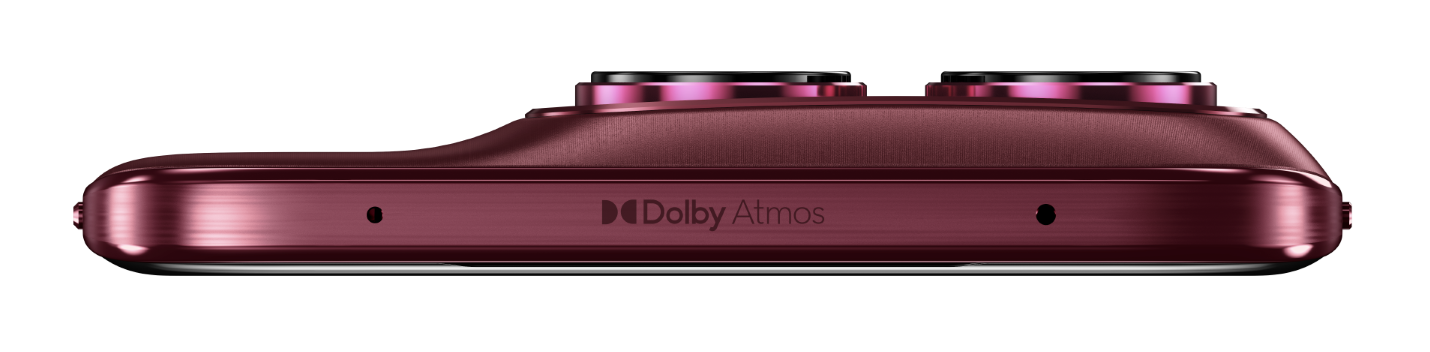 Czerwony smartfon z logo Dolby Atmos i aparatami na czarnym tle.
