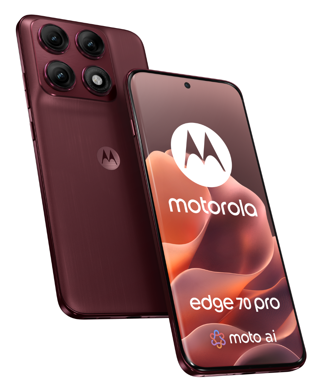 Ciemnoczerwony smartfon Motorola Edge 70 Pro z czterema aparatami i logo Motorola.