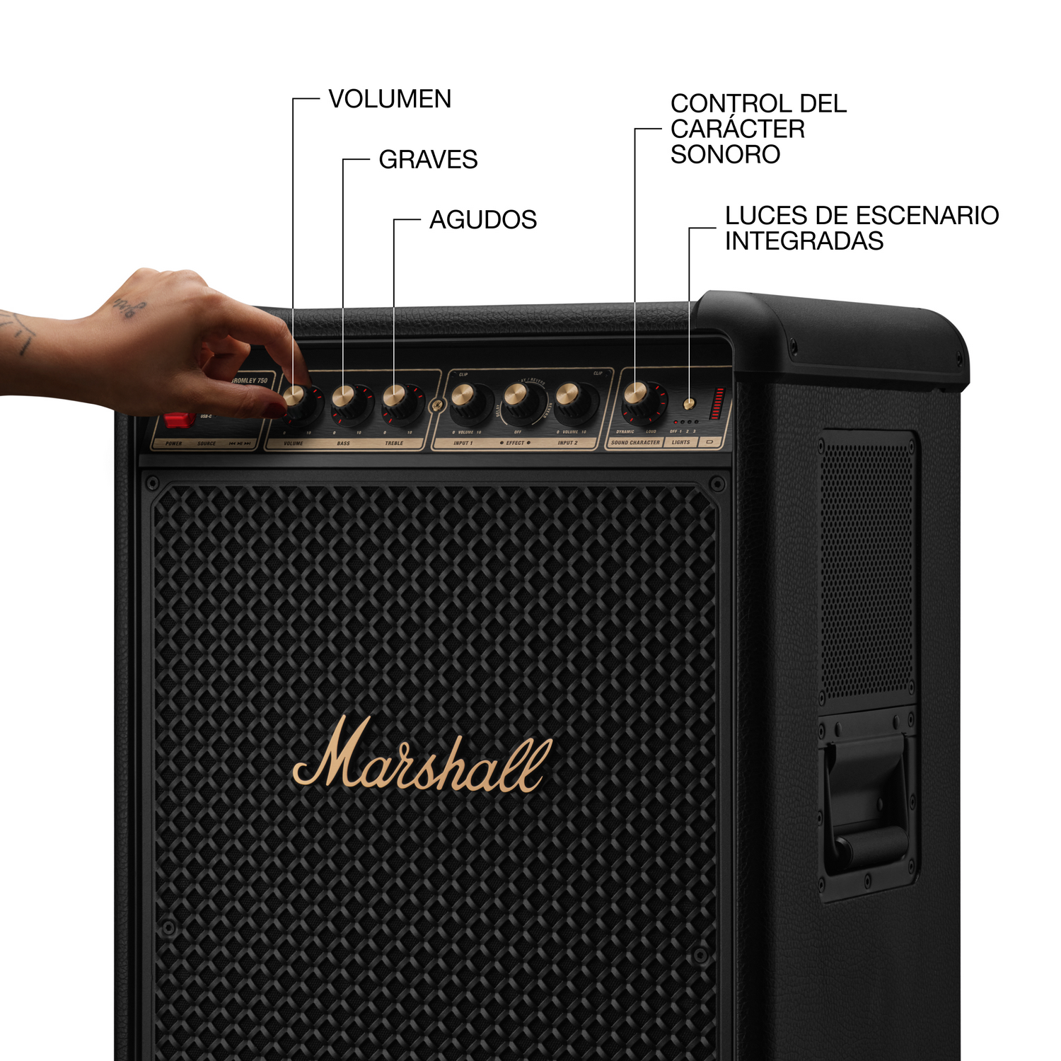 Un amplificador Marshall con controles, rejilla de altavoz y una mano girando una perilla.